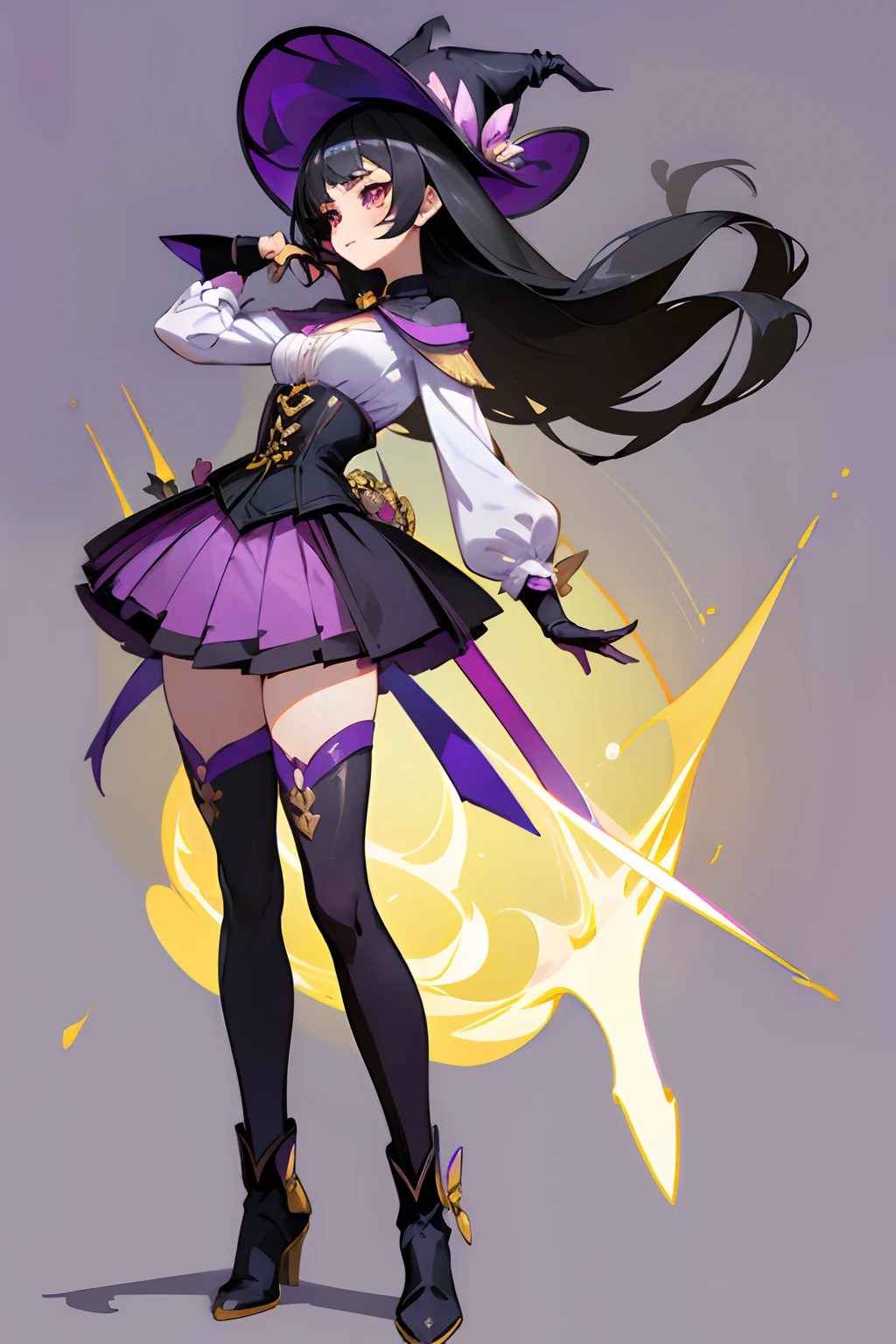 ((masterpiece)),(((best quality))),(Character design sheet, same character, same outfit ""body front view,), illustration, 1 girl in, long black hair , golden eyes, genshin impact style, purple magical girl style witch clothing, full body, hat, corset, blouse, skirt, thigh-tight stockings, leather boots and gloves, digital background, casting shadow.