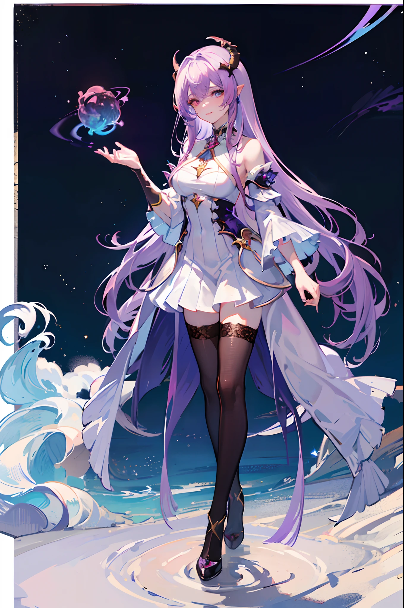 (masterpiece), high quality, perfect face, detailed eyes, (dragon woman), feminine, elegant, (heterochromatic eyes), (gentle smile), (curved horns), long pastel purple hair, (medium chest), (wearing a white and purple elegant dress), (colorful nebula background), (walking on a sea of stars:1.2), (up view), (looking at the viewer), (holding a constellation on hand)