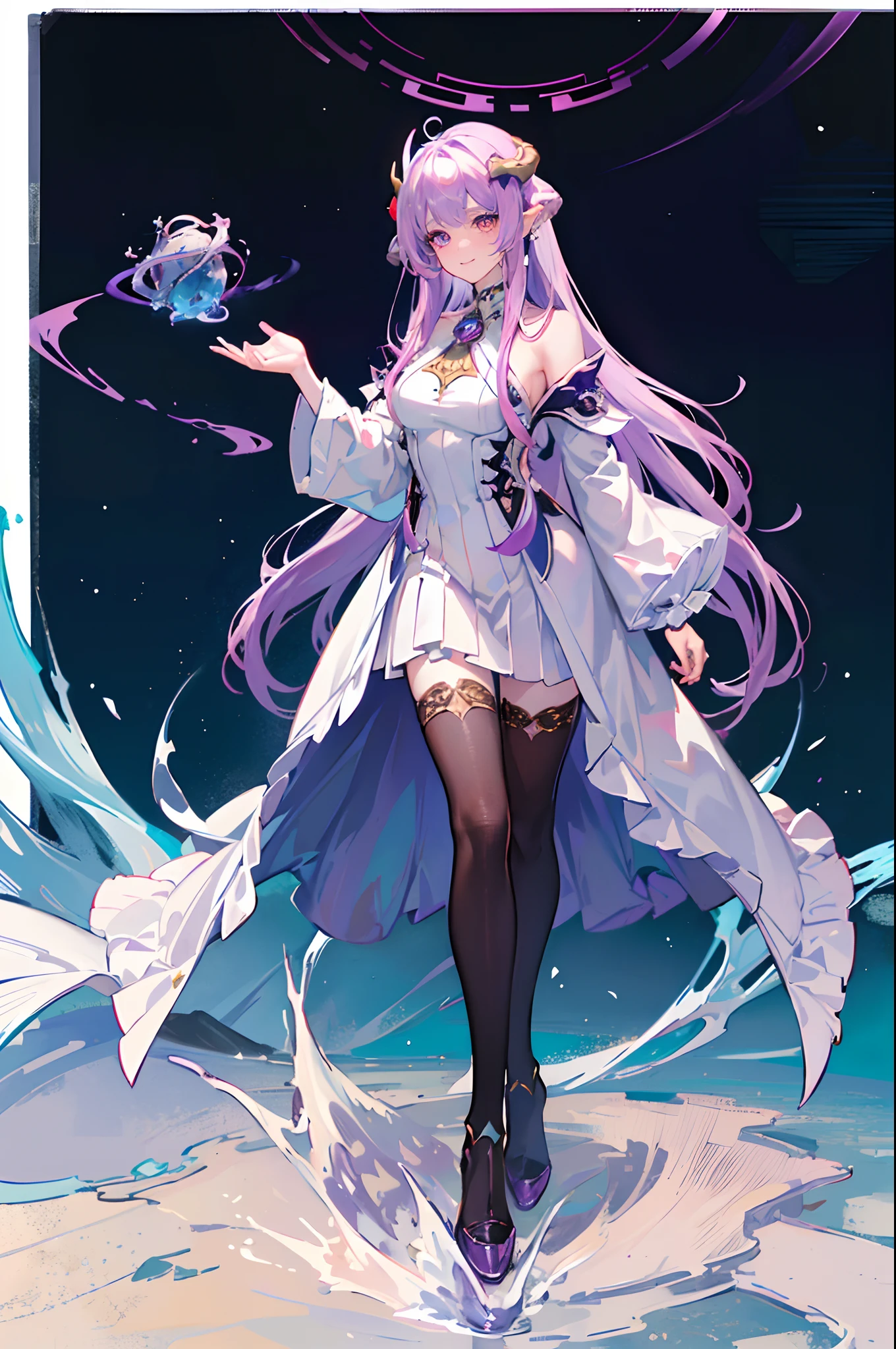 (masterpiece), high quality, perfect face, detailed eyes, (dragon woman), feminine, elegant, (heterochromatic eyes), (gentle smile), (curved horns), long pastel purple hair, (medium chest), (wearing a white and purple elegant dress), (colorful nebula background), (walking on a sea of stars:1.2), (up view), (looking at the viewer), (holding a constellation on hand)