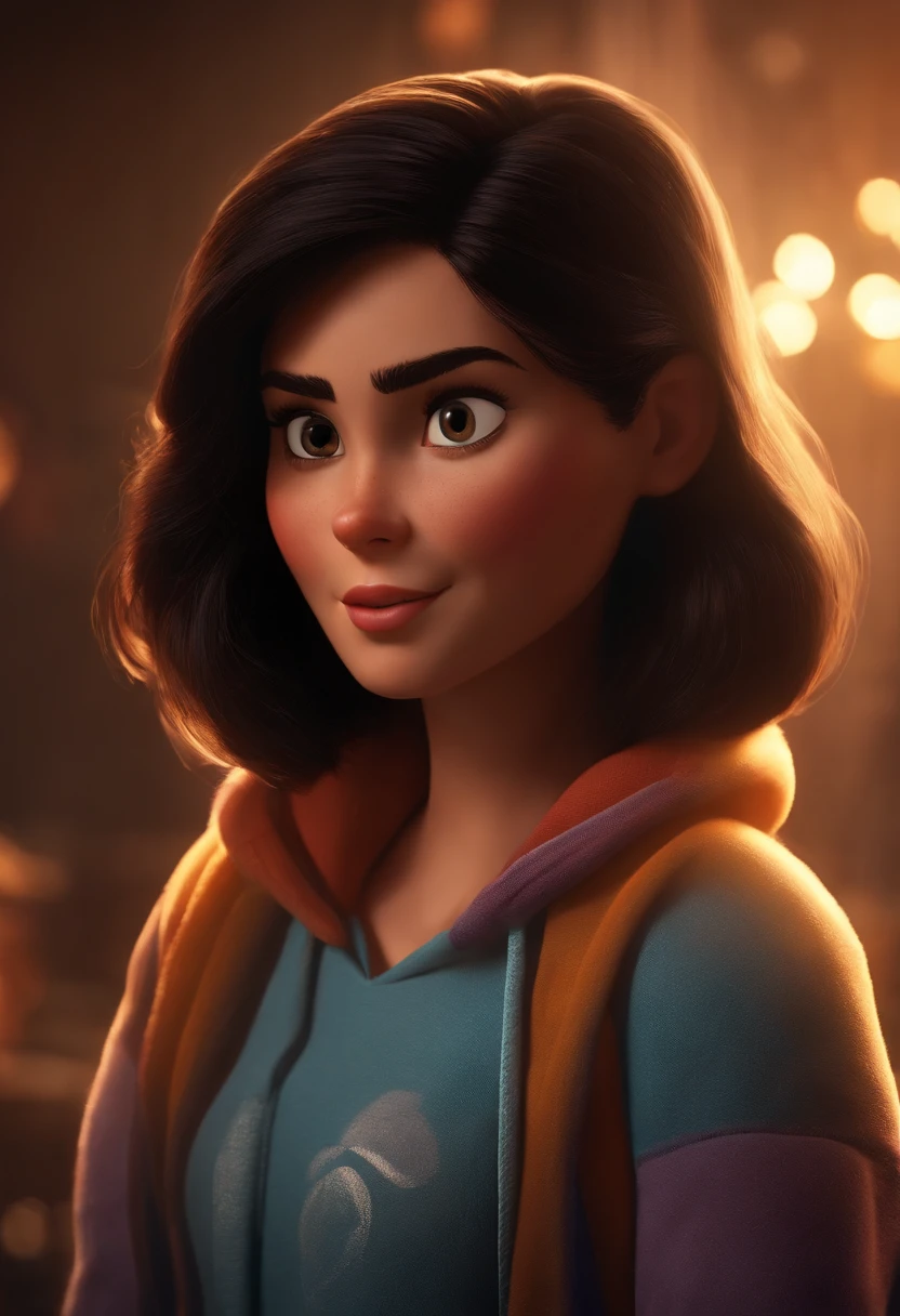 Imagem estilo Pixar com caractere 3D, Serious brunette woman with straight black hair would be in sweatshirt dancing, Maquiagem Disney,Pescador, bonitinho, sorridente ,Close-up, Pixar, Disney, Cinema lighting,