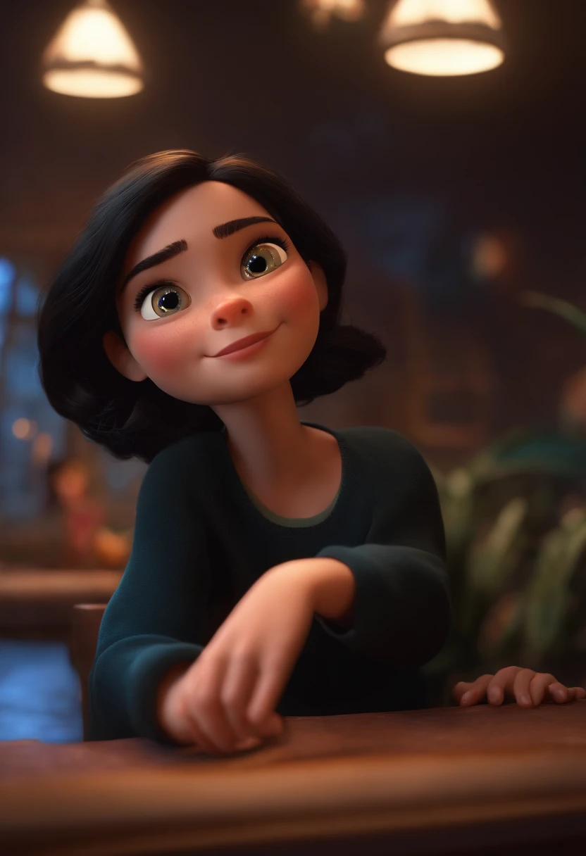 Imagem estilo Pixar com caractere 3D, Serious brunette woman with straight black hair would be in sweatshirt dancing, Maquiagem Disney,Pescador, bonitinho, sorridente ,Close-up, Pixar, Disney, Cinema lighting,