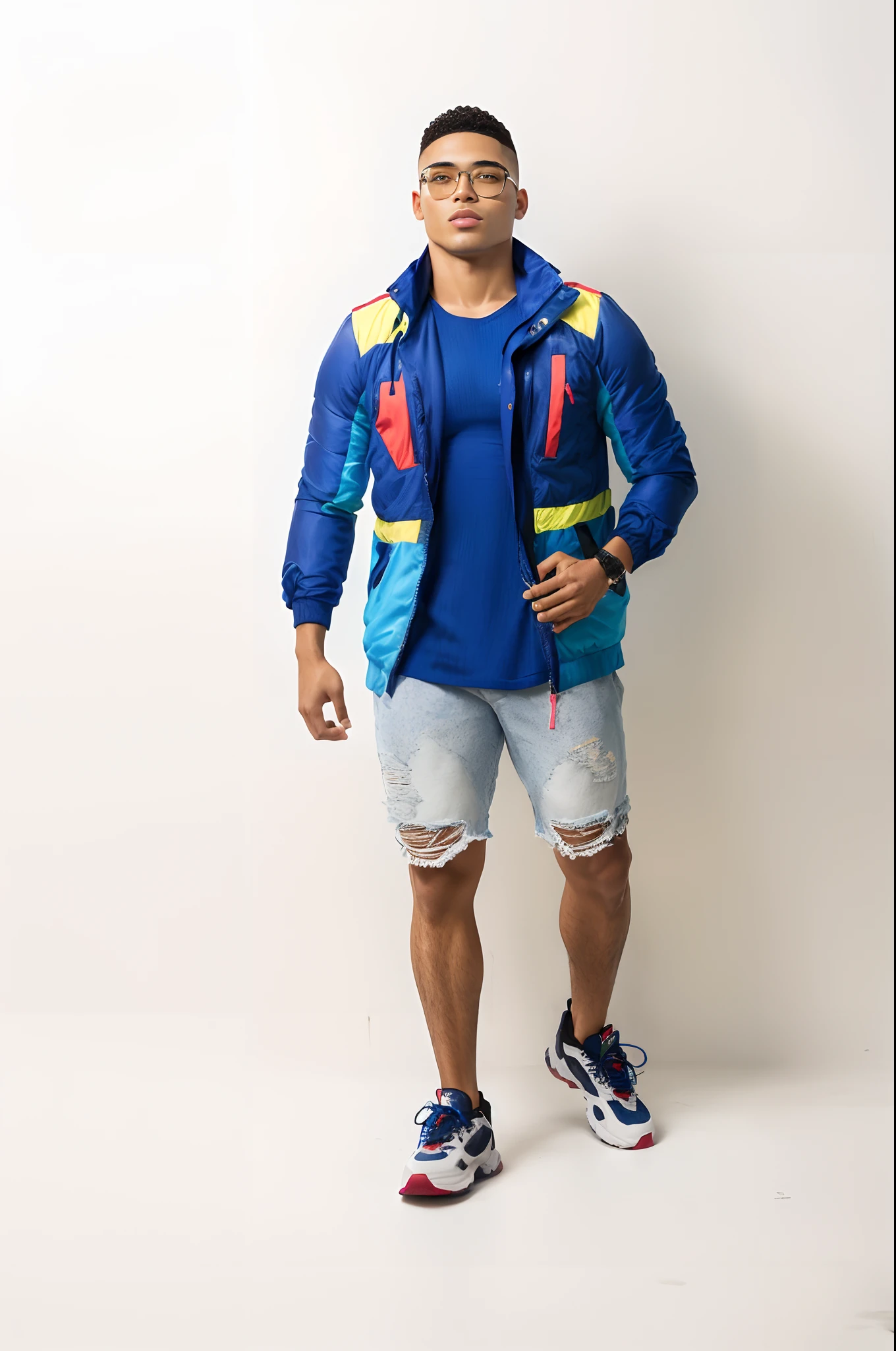 Homem de jaqueta azul e bermuda rasgada posando para foto, model is wearing techtical vest, Jovem com short, 8 0 s sport clothing, usando um capuz azul neon, vestindo jaqueta azul, roupas no estilo 1 9 9 0, roupas coloridas, roupas casuais modernas, roupas coloridas, vestindo uma jaqueta azul, roupas coloridas, Foto de perfil