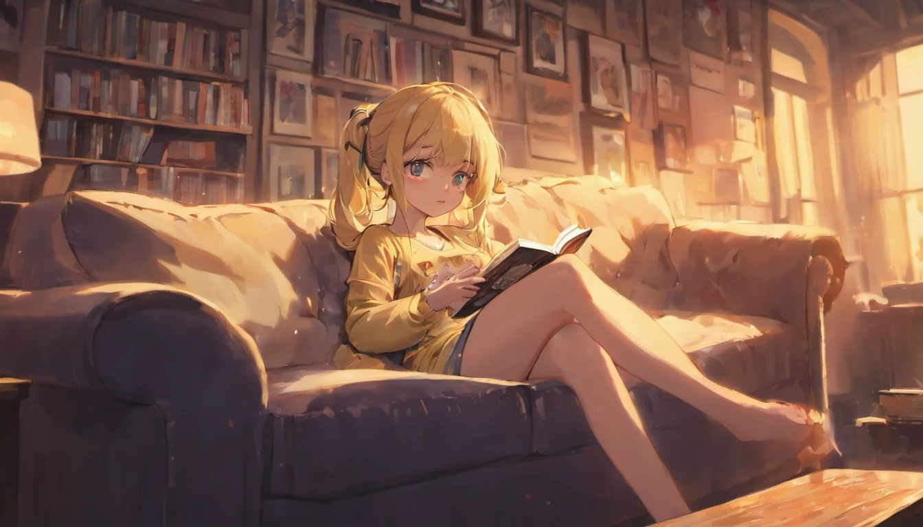 Blonde woman sitting on a sofa reading a book with headset in a living room, Ler um livro, arte conceitual relaxante, retrato do livro, realistic illustration, realistic afternoon lighting, estilo de arte realista, Lendo novo livro, olhando para a janela, cidade linda sobre a janela a fora, photorealistic illustration, estilo de arte realista, relaxing on a couch, Atey Ghailan 8 K, inspirado em Atey Ghailan, ambiente aconchegante, relaxing on the couch, master part, best quality, soft lighting, absurdos, 1girl, foco solo, skin imperfection, dentadura da pele, rosto perfeito, Cara inchada, beautiful face, olhos grandes, olhos inchados, olhos perfeitos, Cilia, 8k, UHD, HDR.