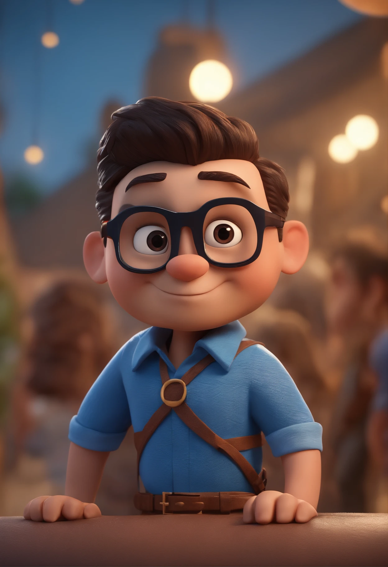 Cartoon character of a man with black glasses and a blue shirt, animation character, Caractere estilizado, animation style rendering, 3D estilizado, Arnold Maya render, 3 d render stylized, toon render keyshot, Personagem 3D, Personagem 3D, 3d rendering stylized, 3 d character render, personagem de desenho animado, Personagem de close up, Pose de personagem,  (Estilo Pixar) (master part:1.2) (Bokeh) (best quality) (pele detalhada) (textura detalhada) (8k) (argila) (Cinematic lighting) (foco nítido