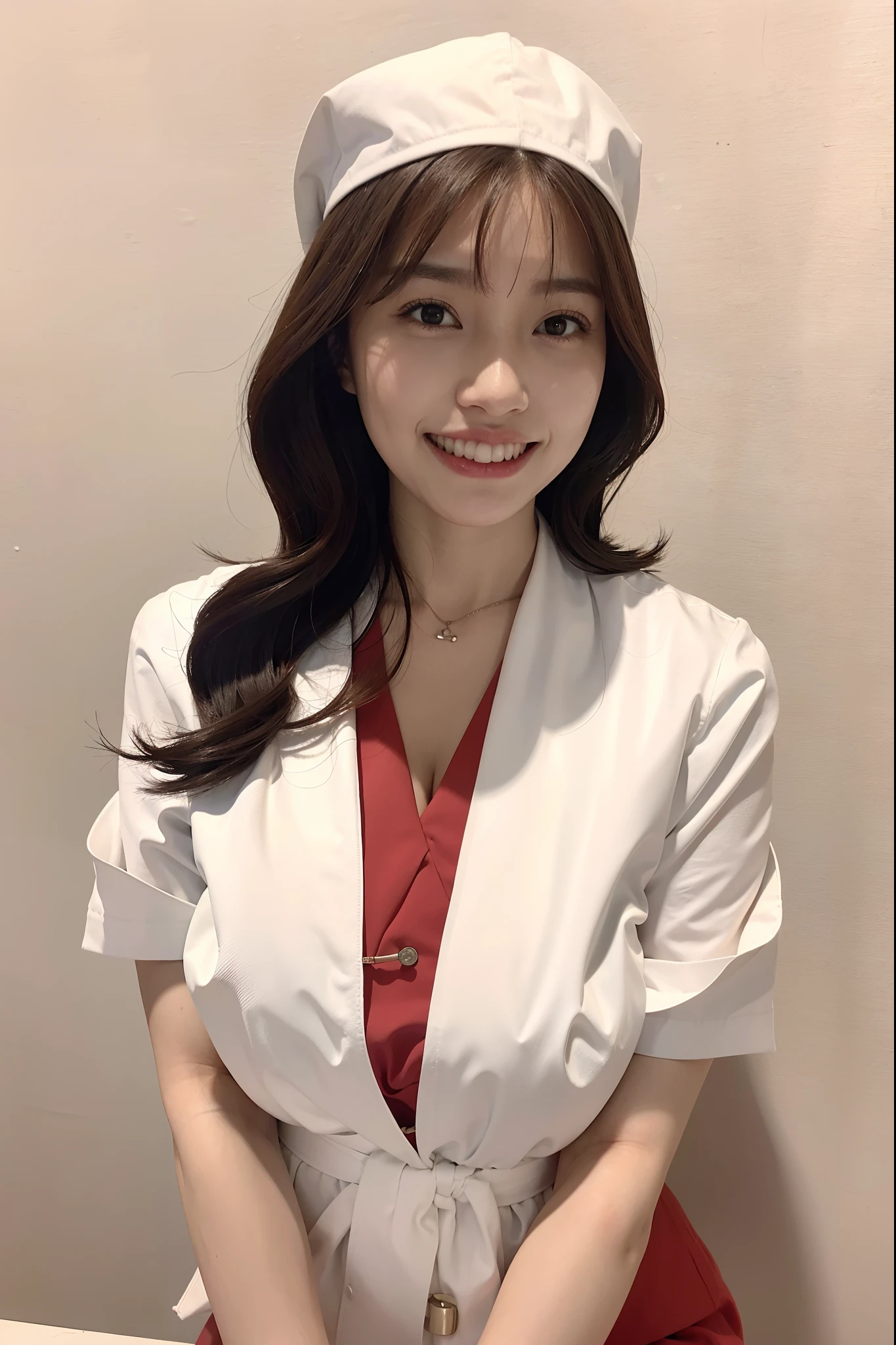 (top-quality、​masterpiece、电影灯光、)、phot of a beautiful Japanese women、Glossy reddish-brown shorthair、hair pin、disheveled hair、Floating hair、beauitful face、Slouched、crouching down、(Nurse、White nurse uniform、Nurse Cap、Wrap the stethoscope around your neck、)、Beautiful breast slip、Hourglass body、A smile that captivates the viewer、Look into the cameraman and talk、Hospital Patient Rooms、Close face、shinny skin、Bold sexy poses、Beautiful Finger、