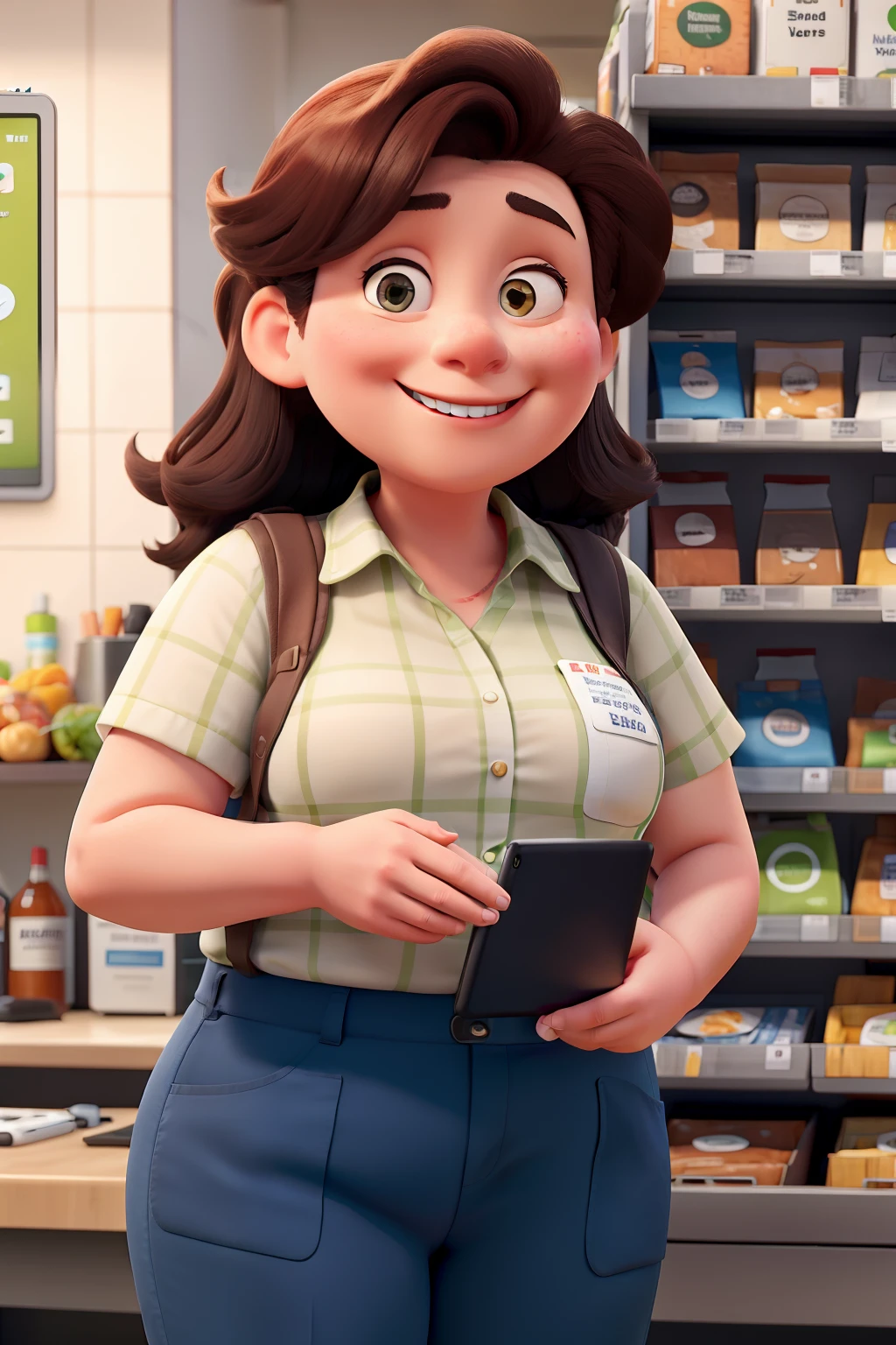 A fat supermarket employee in her uniform smiling at people with a tablet in her hand