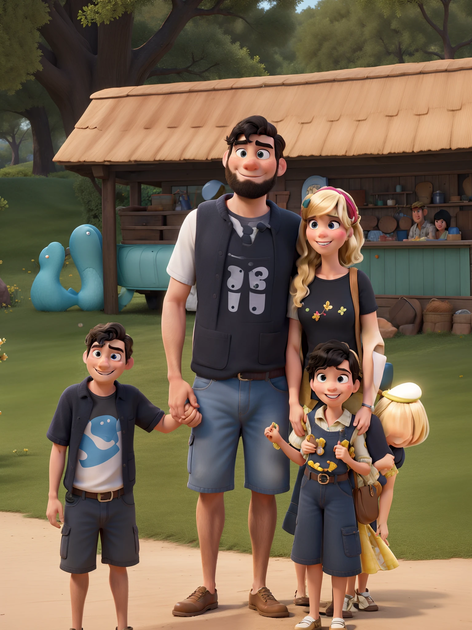 Obra-prima ao estilo Disney/Pixar in high quality and high resolution. The woman in the front is blonde and the man has black hair.