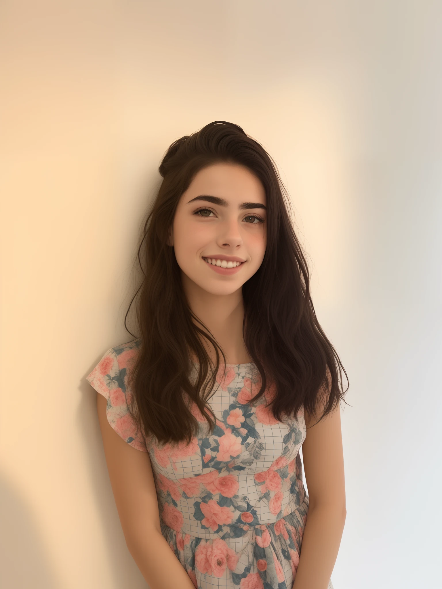 Girl standing against a wall with a smile on her face, Directed by: Emma Andijewska, ela tem cerca de 1 6 anos de idade, Violeta Myers, Directed by: Siona Shimshi, by Amelia Peláez, Directed by: Jacob Steinhardt, Directed by: Joseph Pisani, Directed by: Nandor Soldier, retrato frontal de uma menina, yael shelbia