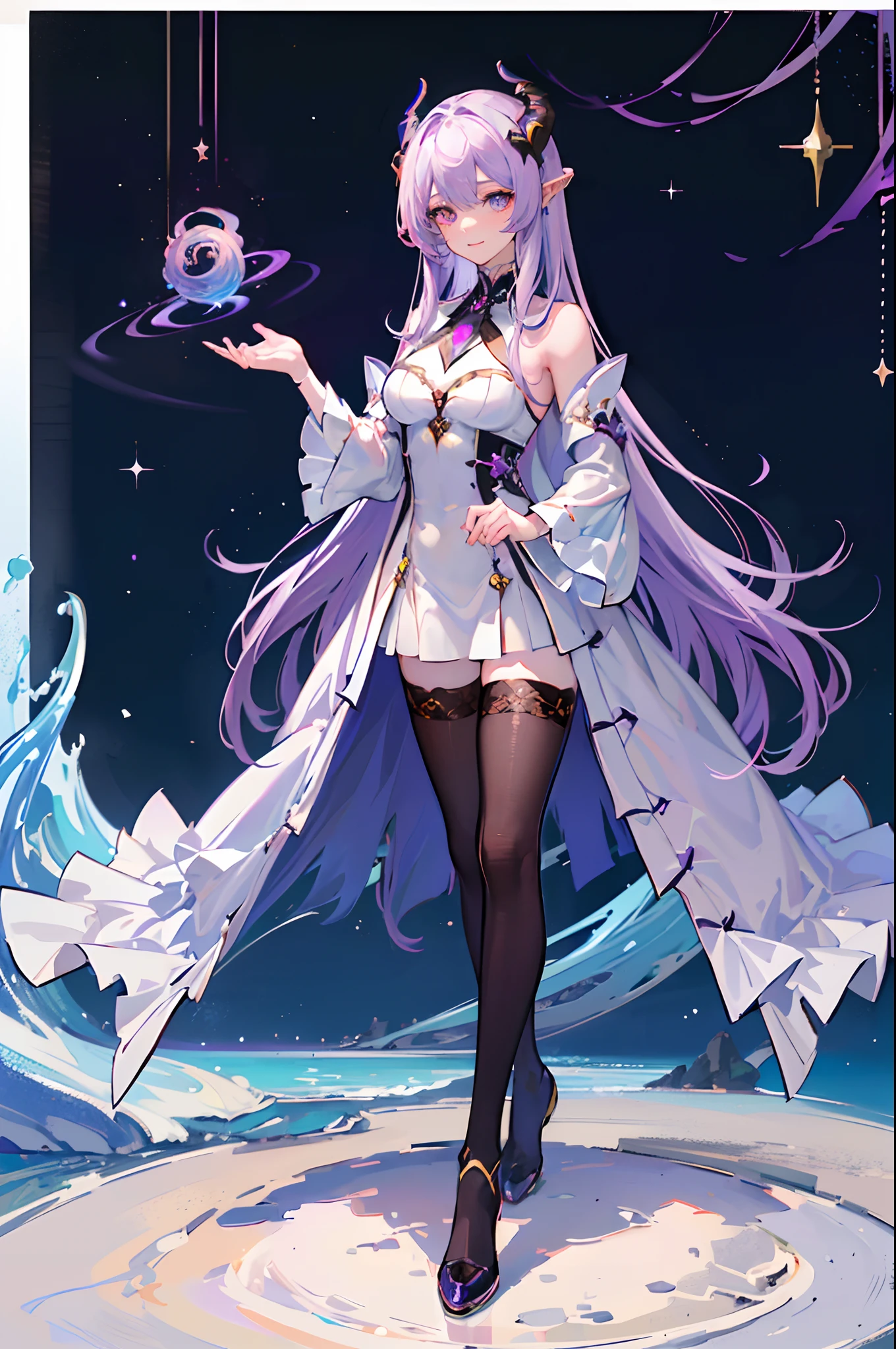 (masterpiece), high quality, perfect face, detailed eyes, (dragon woman), feminine, elegant, (heterochromatic eyes), (gentle smile), (curved horns), long pastel purple hair, (medium chest), (wearing a white and purple elegant dress), (colorful nebula background), (walking on a sea of stars:1.2), (up view), (looking at the viewer), (holding a constellation on hand)