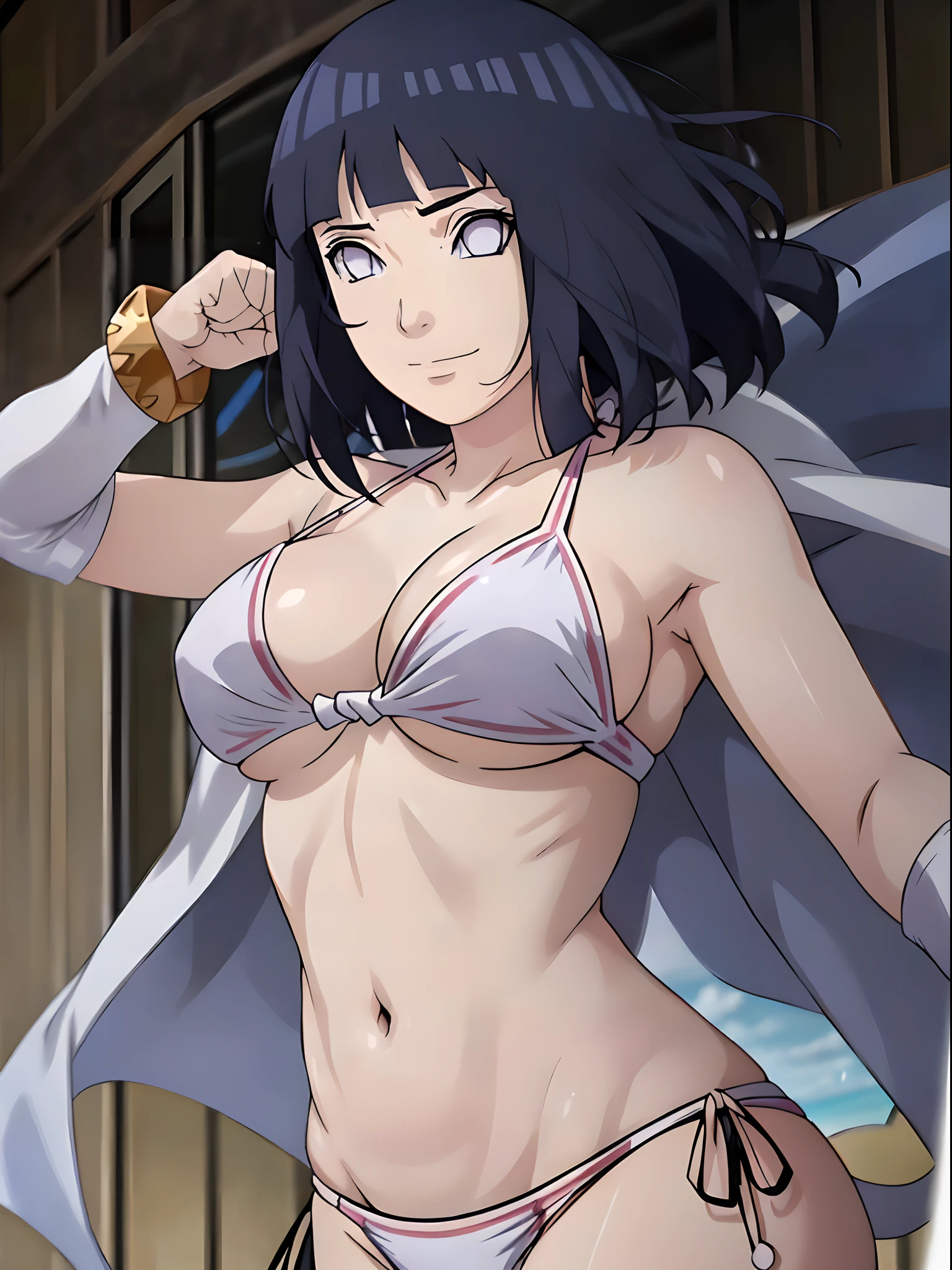 stretching, cloud background, anime style, cute , beautiful mother, hand up, nice body, soft body, long belly, (hinata\(boruto\), (female wrestler), (slender body), mature woman , broad shoulders, off-shoulders, (shiny bikini, white bikini only, pro wrestling outfit, bangles), smile, closed mouth, pale skin, cute, smile, (dark blue hair color:1.1), wavy hair, floating hair, ((short hair, hime cut, loose hair), big breasts, (only one arm stretching), long belly, (closed fists), , (perfect eyes, white sciera, bright eyes, white eyes, anime eyes)