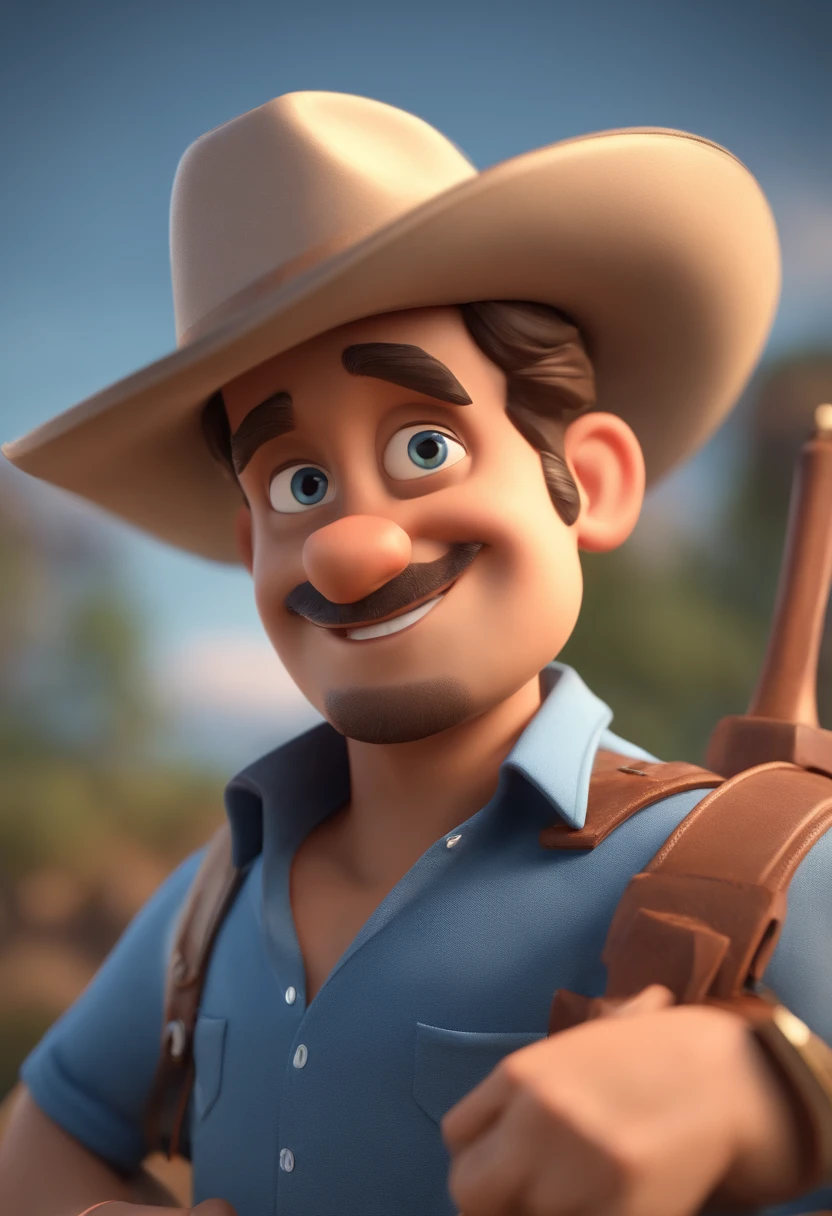 personagem dos desenhos animados de um homem com camisa azul, animation character, chapeu mexicano, Caractere estilizado, animation style rendering, 3D estilizado, Arnold Maya render, 3 d render stylized, toon render keyshot, Personagem 3D, Personagem 3D, 3d rendering stylized, 3 d character render, personagem de desenho animado, Personagem de close up, Pose de personagem,  (Estilo Pixar) (master part:1.2) (Bokeh) (best quality) (pele detalhada) (textura detalhada) (8k) (argila) (Cinematic lighting) (foco nítido