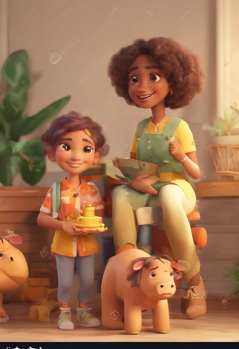 Estilo Pixar: Familia, Um pai, A mother and two girls. Uma de 6 anos e outro de 2 anos . Uma fazenda com vacas lindas e marrom .