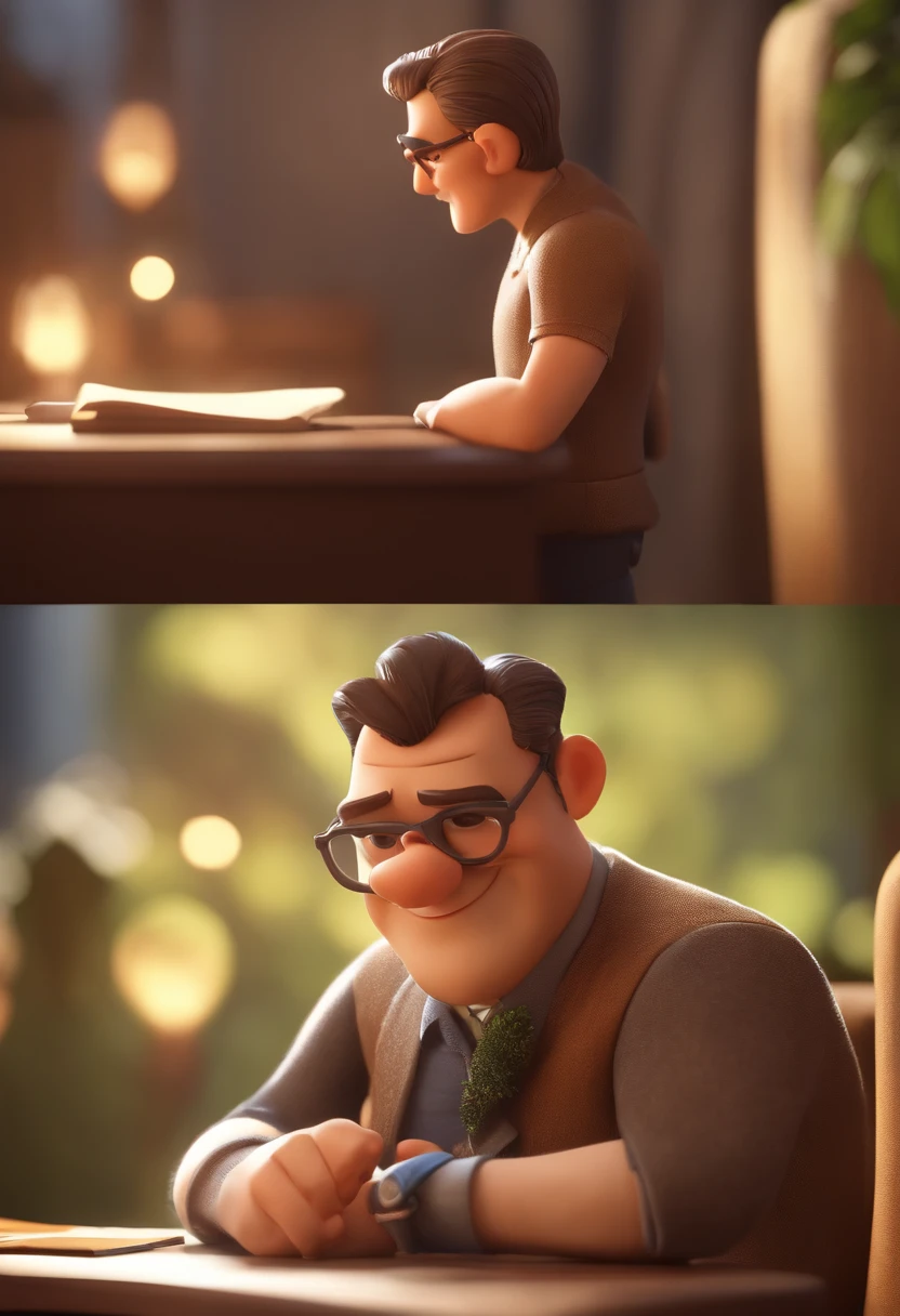 Criar uma imagem de um homem de 46 anos professor, sorrindo, usando oculos retangular, sendo musculoso. Na imagem o homem deve estar segurando livros. o estilo da imagem deve ser ser pixar- disney 3 d. Caractere estilizado, animation style rendering, 3D estilizado, Arnold Maya render, 3 d render stylized, toon render keyshot, Personagem 3D, Personagem 3D, 3d rendering stylized, 3 d character render, personagem de desenho animado, Personagem de close up, Pose de personagem,  (Estilo Pixar) (master part:1.2) (Bokeh) (best quality) (pele detalhada) (textura detalhada) (8k) (argila) (Cinematic lighting) (foco nítido