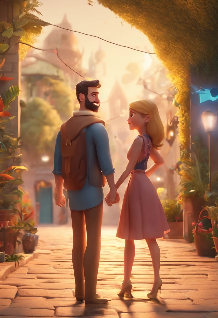 An illustration of an adorable couple, Destacando um homem e uma mulher com beleza, Expressive eyes – the man's hair is bald and brown and he has a full beard, While the woman's hair is tied up in a bun and blonde. They are a bright space, Todos com um sorriso no rosto, e compartilhe um momento especial, That is marked by love, viagem, and pedagogical insights. Ilustre esta cena a partir de uma perspectiva, where they're facing away from the camera, Show Your Connection. Desenvolva esta arte em Full HD, Focus on your cinematic touch, Estilo Disney Pixar Animations