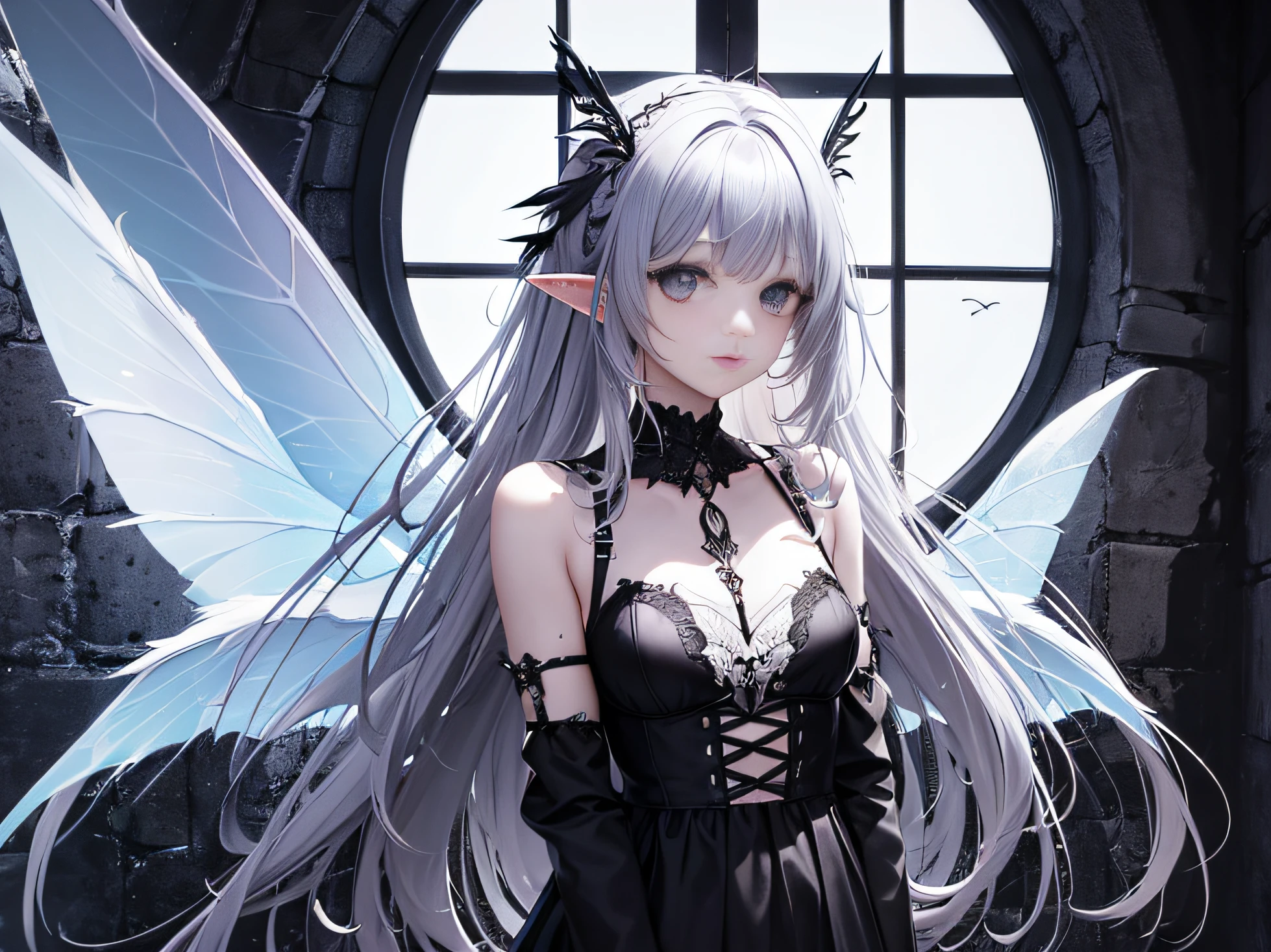 a fairy, majestic wings, angelcore, black metal , grunge
