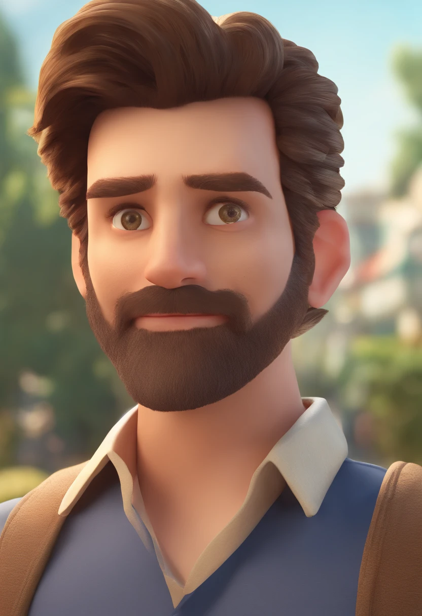 Estilo Pixar: Olhos castanhos Homem a com cabelo cortado vestido 22 anos com barba castanha escura curta no queixo, ELE ESTA SORRINDO