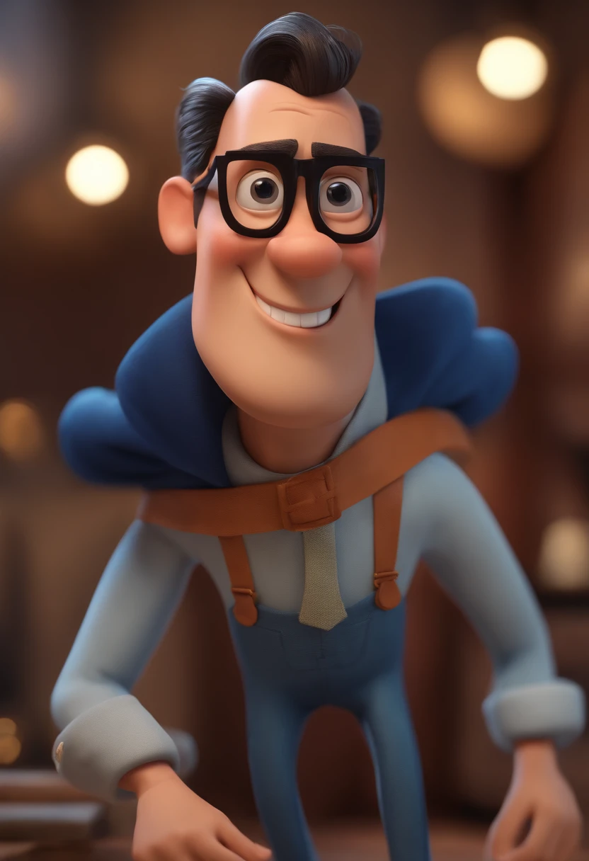 Cartoon character of a man with black glasses and a blue shirt, animation character, Caractere estilizado, animation style rendering, 3D estilizado, Arnold Maya render, 3 d render stylized, toon render keyshot, Personagem 3D, Personagem 3D, 3d rendering stylized, 3 d character render, personagem de desenho animado, Personagem de close up, Pose de personagem, (Estilo Pixar) (master part:1.2) (Bokeh) (best quality) (pele detalhada) (textura detalhada) (8k) (argila) (Cinematic lighting) (foco nítido