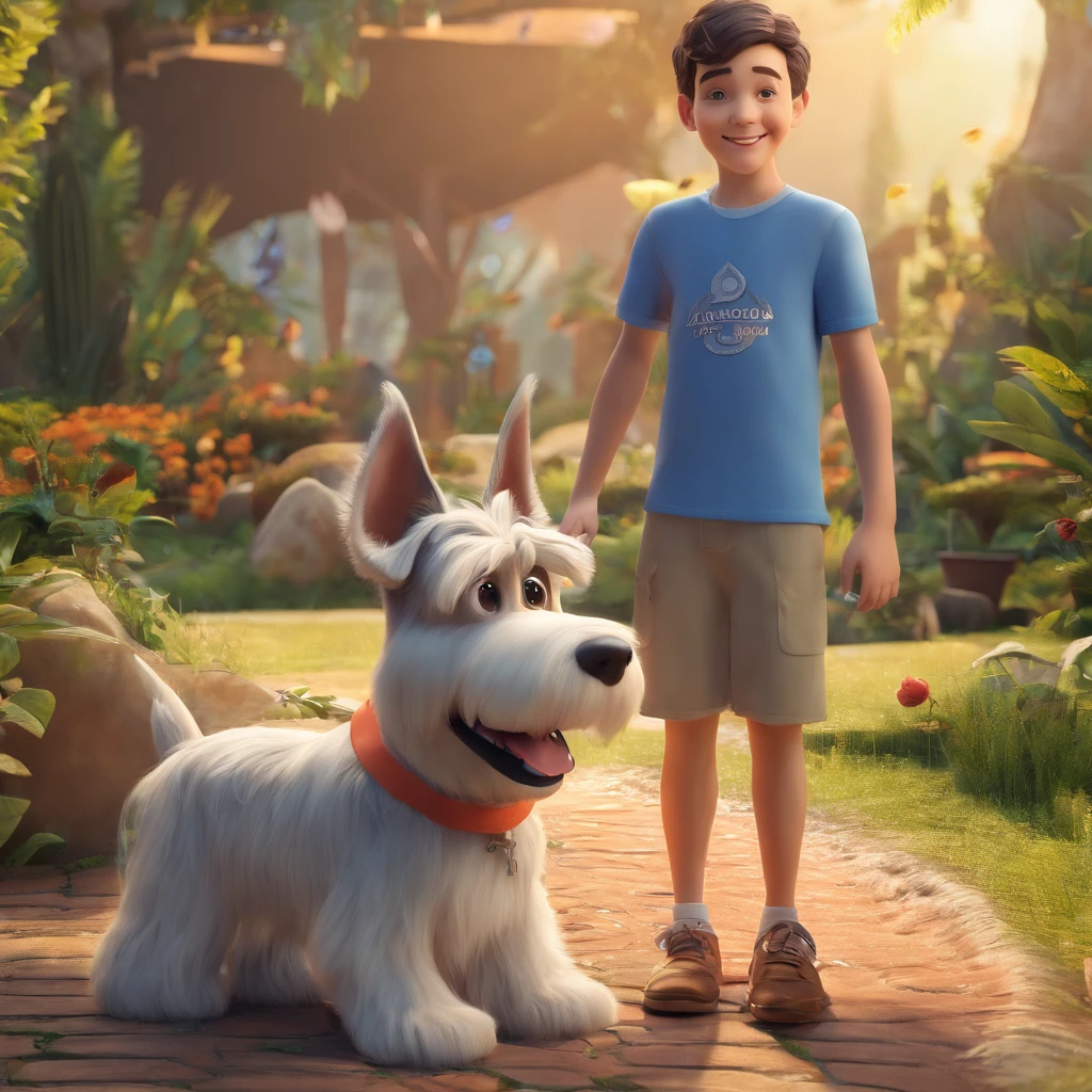 Lucas is a smiling 5-year-old human boy, com seu fiel amigo, parafuso, o cachorro schnauzer, deitados no jardim