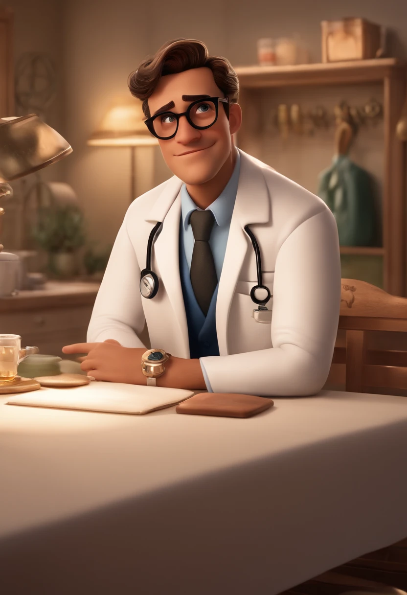 disney pixar,homem arafed em um jaleco sentado em uma mesa , Wearing lab coat and round glasses, medic, com um consutorio de parede branca,Carmelo Blandino, emanuele dascanio, stefano brunesci, Lorenzo Lanfranconi, Leonardo Calamati, ignacio fernandez rios, Federico Pelat, lorenzo vitturi, Alessandro Barbucci placeholder image