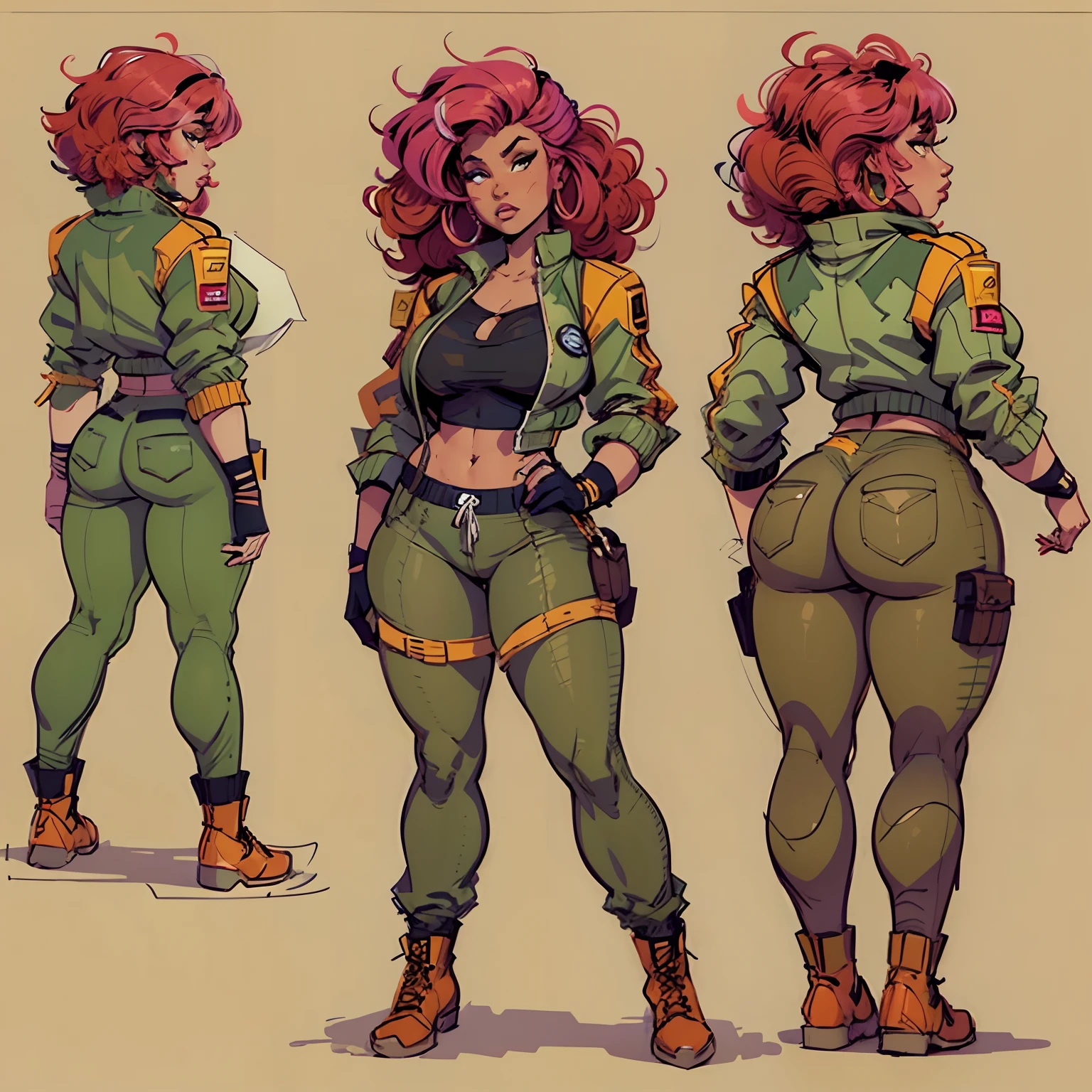 ((character concept art)), ((character design sheet, same character, front, side, back))
Close-up of a woman in a gun costume, dark brown skin, (thick thighs), wide body, (chubby), earrings, Detailed Burnt Pink Hair with bangs, long curly hair, video game character design, video game character design, short bomber jacket, baggy joggers, boots
Expert high detail concept art, comic book style, intricate comic book outline line work, flat colors, concept art, solid background