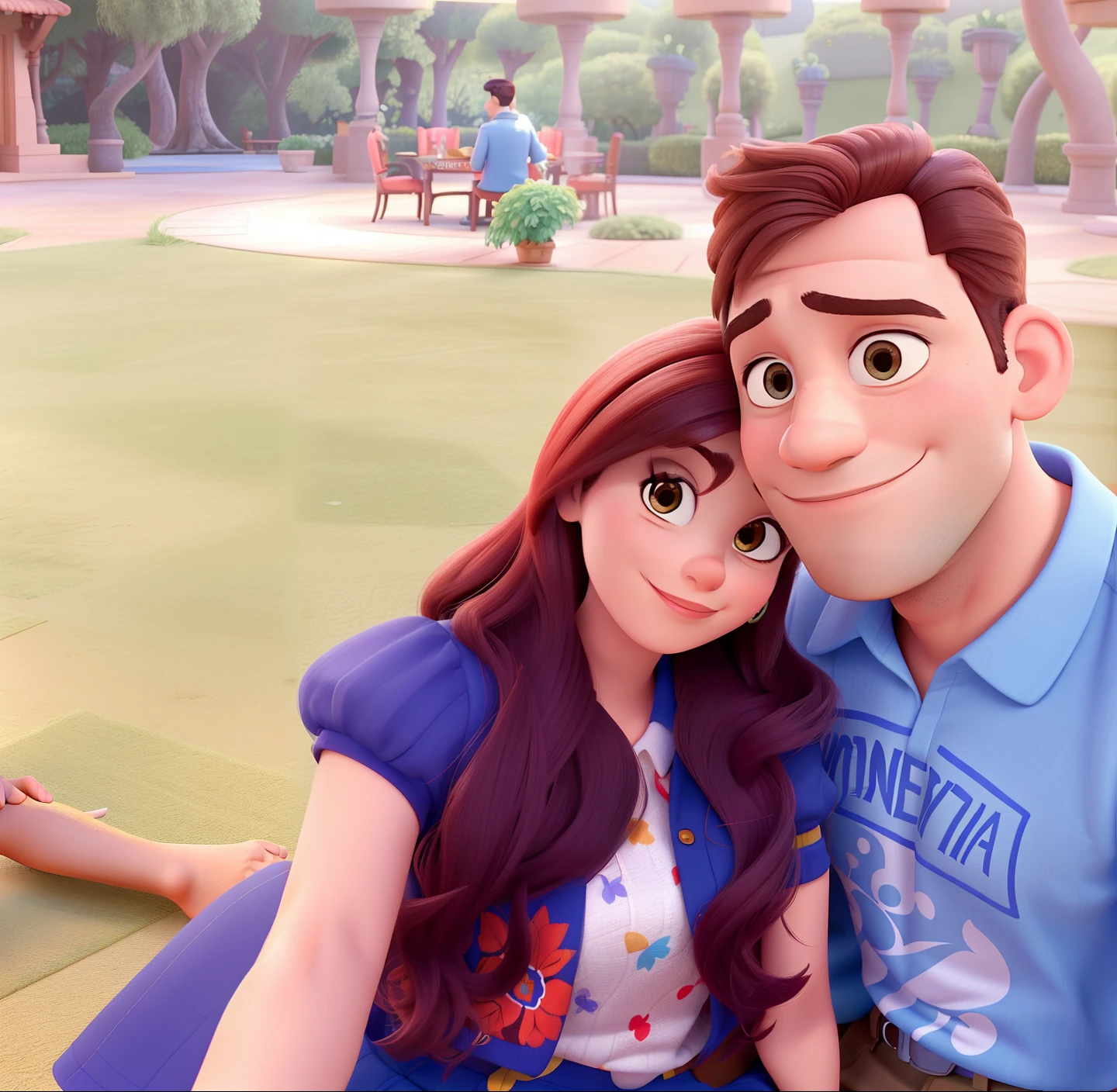 Um casal apaixonado Casal (homem moreno e mulher branca) no estilo Disney Pixar, alta qualidade, melhor qualidade.