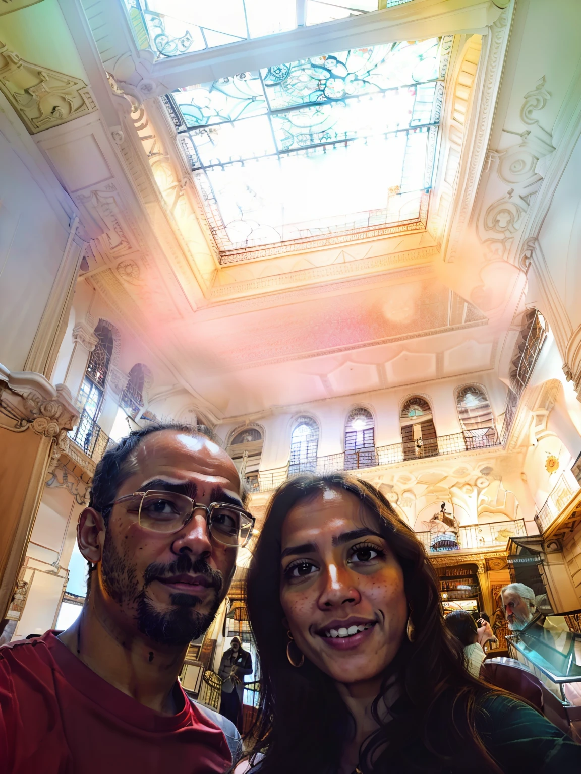 There are two people standing in a building with a skylight above them, In Sao Paulo, Pendurado no Louvre, no museu, olhando para o teto, em barcelona, no museu, vacation photo, Selfie, Demura e Alphonse Mucha, no meio da cidade, foto de perfil, Museu d'Orsay 8 K, dia ensolarado brilhante