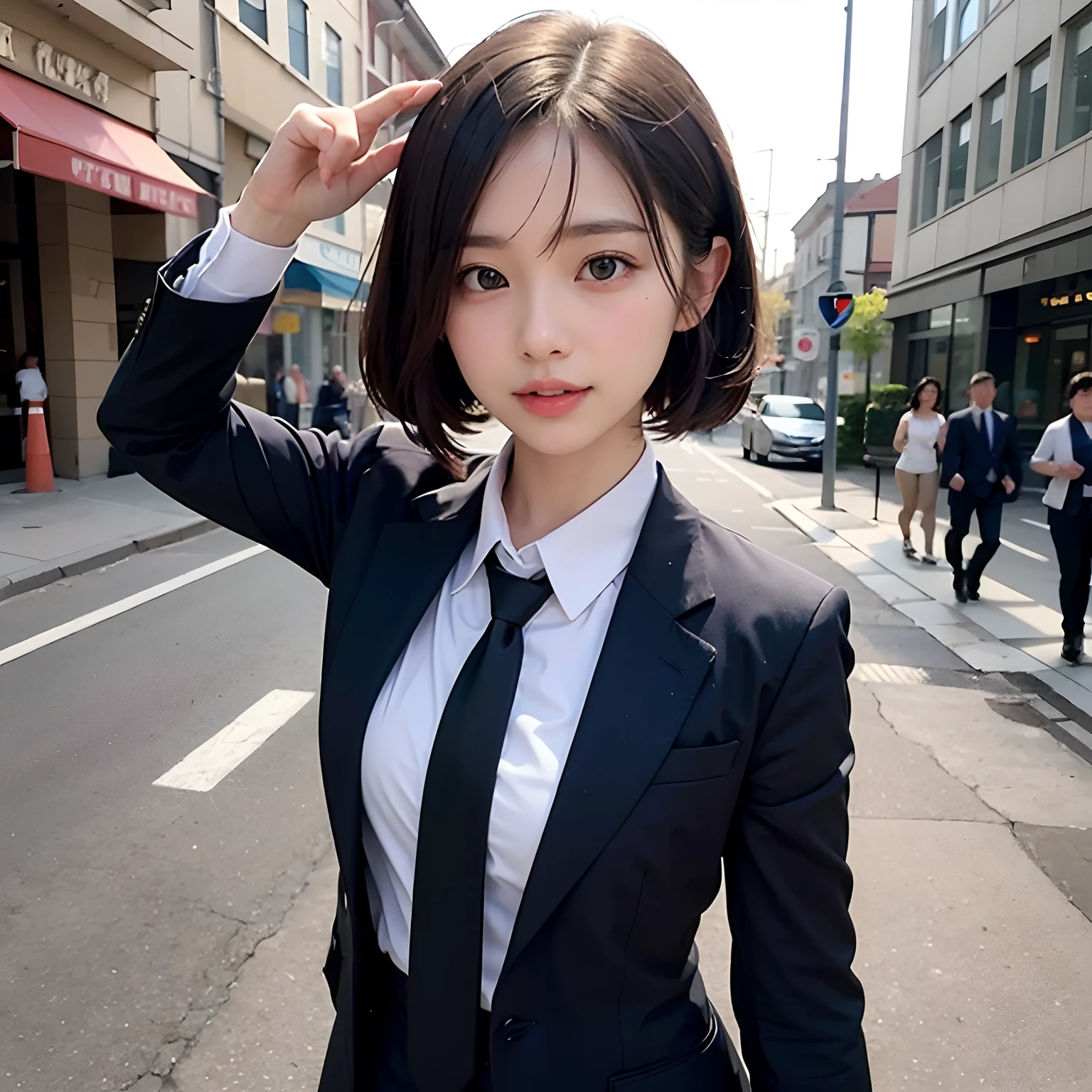 (masutepiece, Best Quality:1.2), 8K, Official art, Full body photo, full body Esbian、Emma fastening her tie.trouser、Cute smile、cute butt、Suits、A dark-haired、ars、small tits、A delightful、A smile、unbelievable Ridiculous, (Upper body, Dark blue suit:Cute Tie 1.4), Beautiful Girl, Pretty Face, arching back down, cute butt、Gold hair ornament on hair、Wearing a cute suit、close up, Wearing a suit, Short sleeve, gardenia, violaceaess, Teen, Street, Looking at Viewer, Film grain, chromatic abberation, Sharp Focus, face lights, Dynamic lighting, Cinematic lighting, Eyes and faces with detailed, Bokeh background, (Tie with Emma written on it、1 copy:1.2)