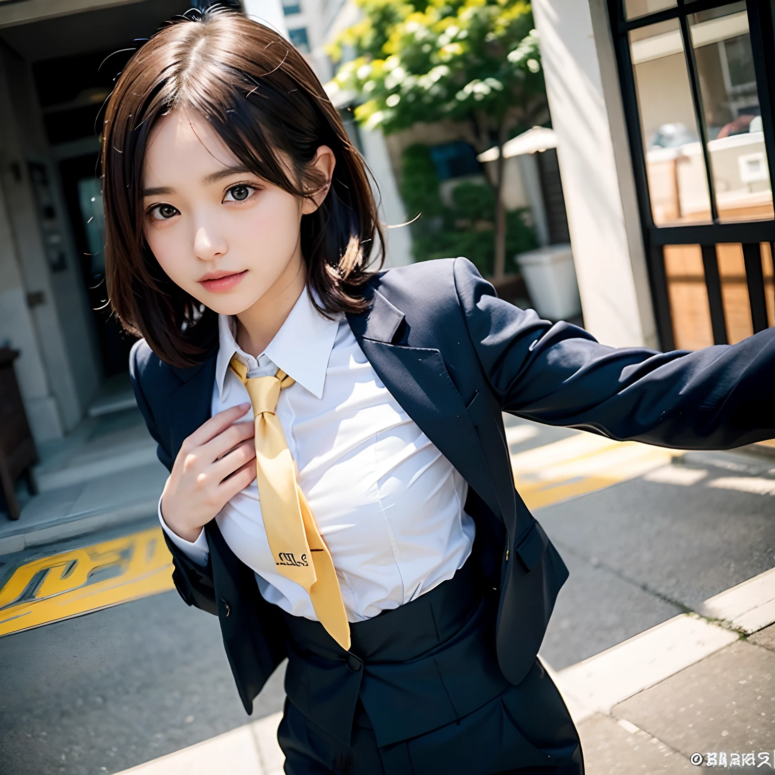 (masutepiece, Best Quality:1.2), 8K, Official art, Full body photo, full body Esbian、Emma fastening her tie.trouser、Cute smile、cute butt、Suits、A dark-haired、14years、small tits、A delightful、A smile、unbelievable Ridiculous, (Upper body, Dark blue suit:Cute Tie 1.4), Beautiful Girl, Pretty Face, arching back down, cute butt、Gold hair ornament on hair、Wearing a cute suit、close up, Wearing a suit, Short sleeve, gardenia, violaceaess, , Street, Looking at Viewer, Film grain, chromatic abberation, Sharp Focus, face lights, Dynamic lighting, Cinematic lighting, Eyes and faces with detailed, Bokeh background, (Tie with Emma written on it、1 copy:1.2)