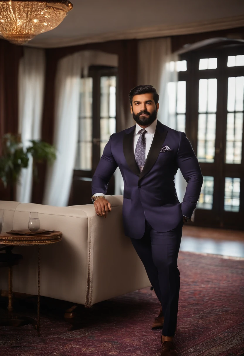 Homem elegante, na casa dos 50 anos, maduro, cabelo preto escuro, cabelos lisos curtos, hair up to neck height, olhos alaranjados, tapa-olho preto, blusa social cinza, blusa escura por baixo, purple scarf on tie, gray dress pants, sapato social preto, bengala cor de marfim, sorrindo discretamente, homem musculoso, Interior scenery of a ship, beautiful man.