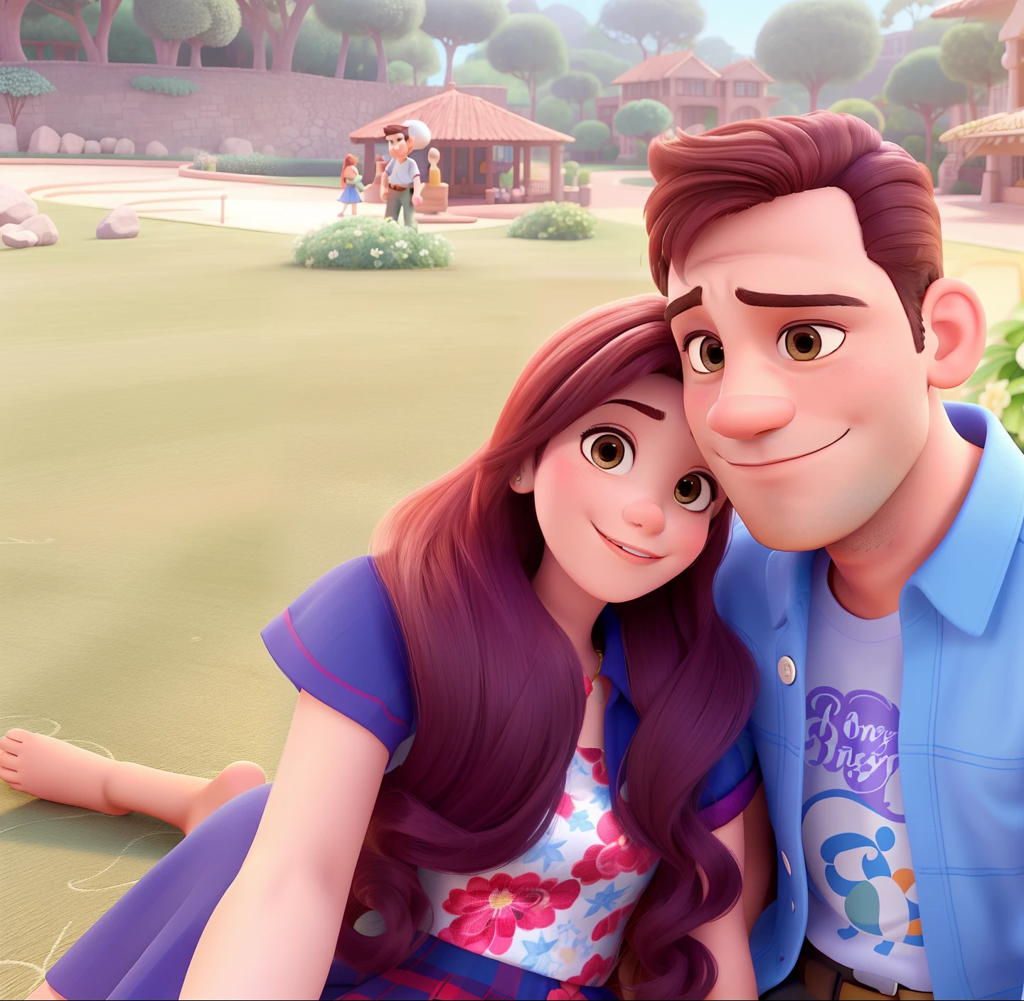 Um casal apaixonado Casal (homem moreno e mulher branca) no estilo Disney Pixar, alta qualidade, melhor qualidade.