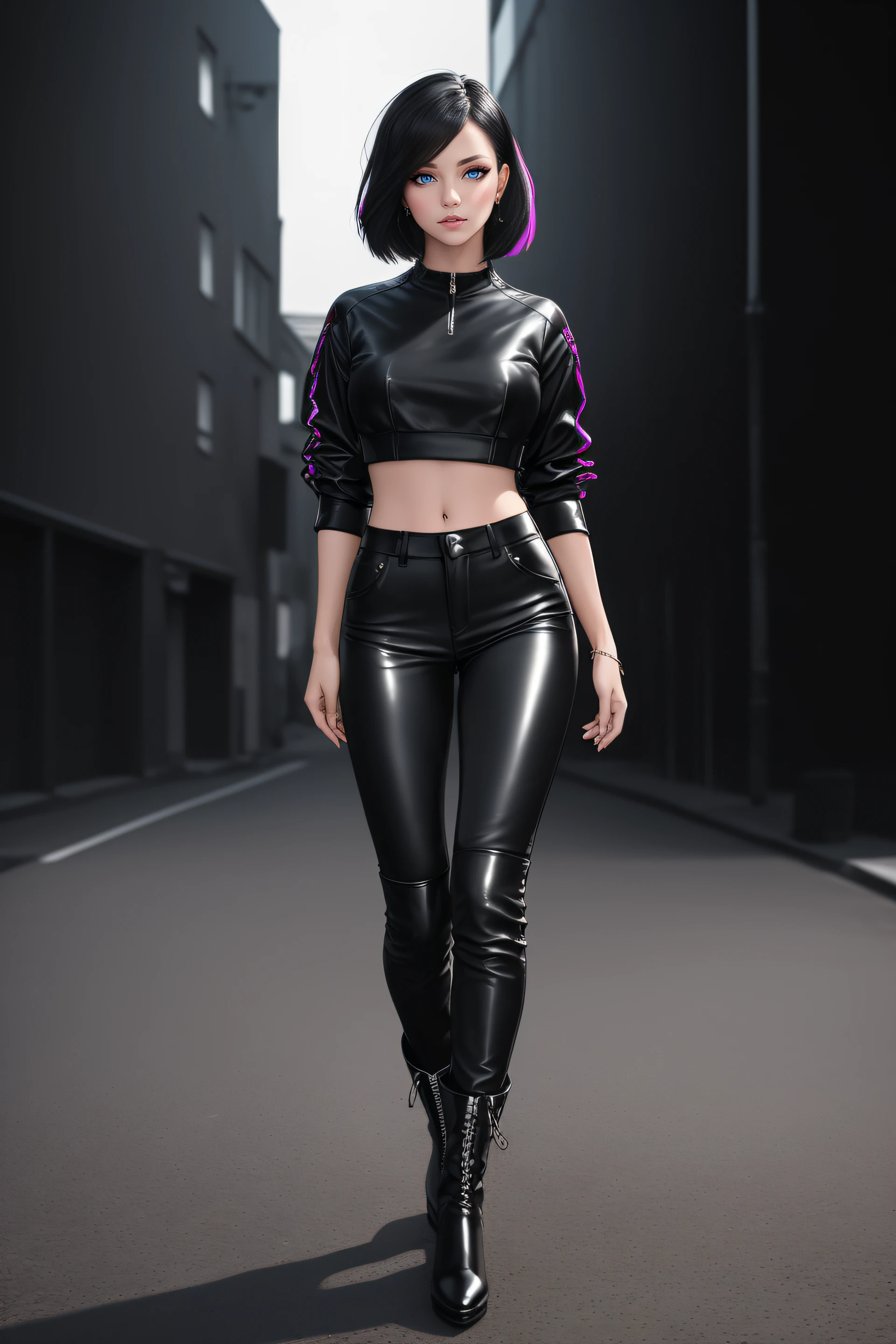 beautiful girl, ((standing:1.4)), (confident gaze:1.1), full body, short bright neon streaked black hair, ((realistic highly detailed eyes:1.4)), ((seductive pose:1.2)), black eyeshadow, (street style wear:1.2), ((tight fitted pants)), ((knee high leather boots)), ((dark plain black background:1.4)), dark makeup, digital art, trending on artstation, highly detailed, fine detail, intricate, detailed facial features, sharp focus, smooth, aesthetic,