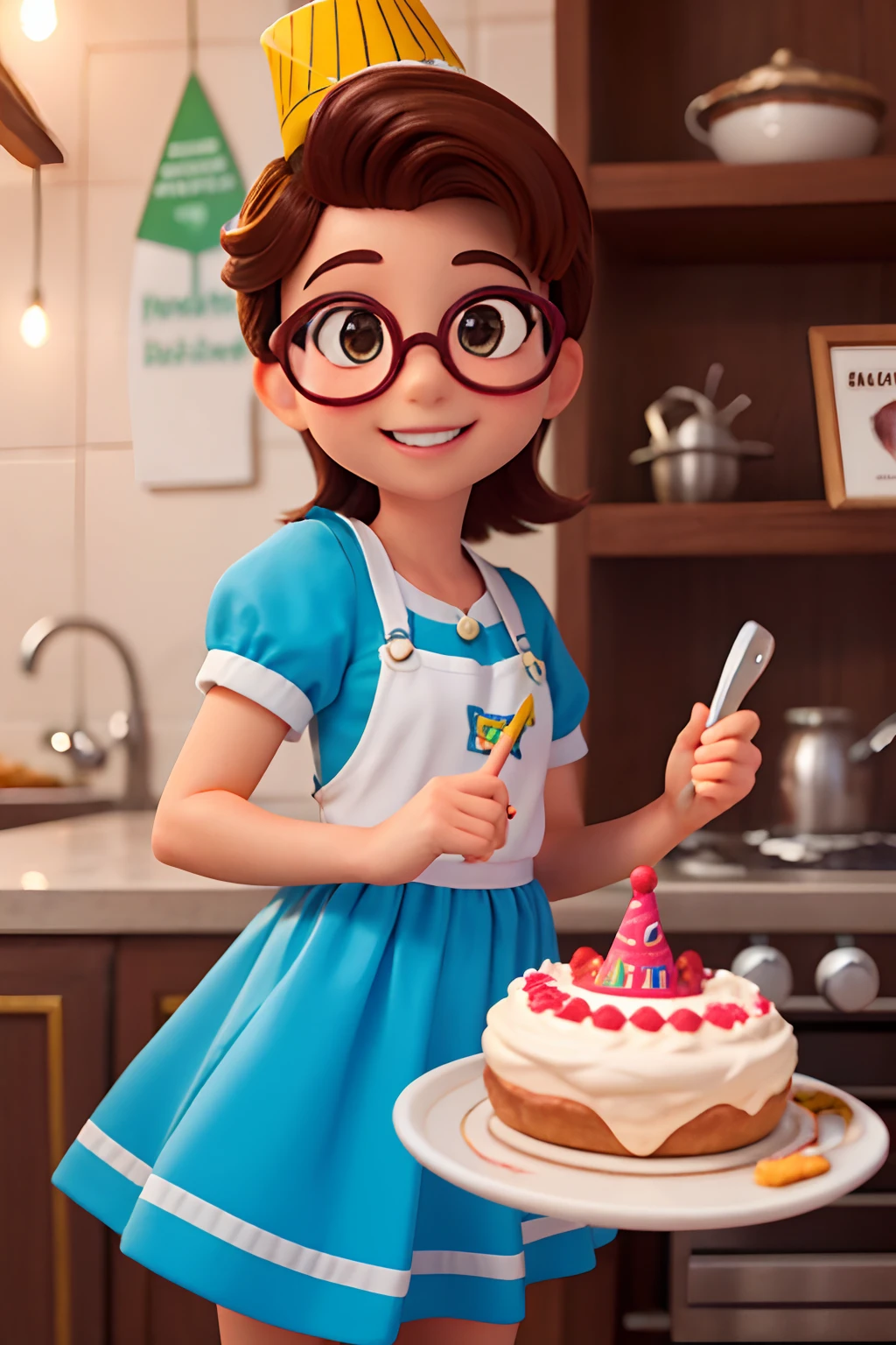 Create a Disney-style poster featuring a 40-year-old female character, Behind the cocked glasses, para mulheres, cabelos cor castanho claro na altura do ombro, sorriso feliz, queixo pequeno, . o cabelo deve ser cacheado, Caiu um pouco dos ombros. Roupa de confeiteira. Holding a small birthday cake in a pastry kitchen.