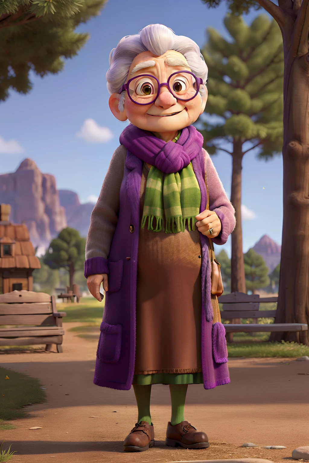 masterpiece, best quality, an old woman with glasses and a scarf on, wearing a purple coat and green scarf, standing at the park