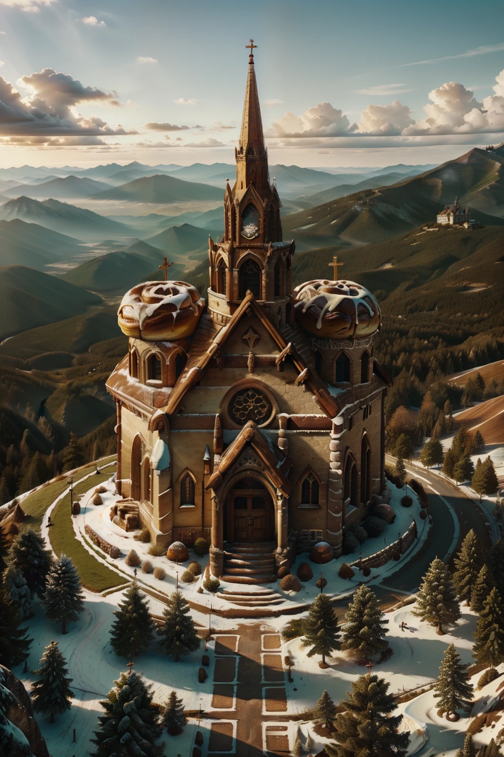 CinnamonBunStyle church at mountain top, in the sky, trending on artstation, (Masterpiece:1.3) (best quality:1.2) (high quality:1.1)