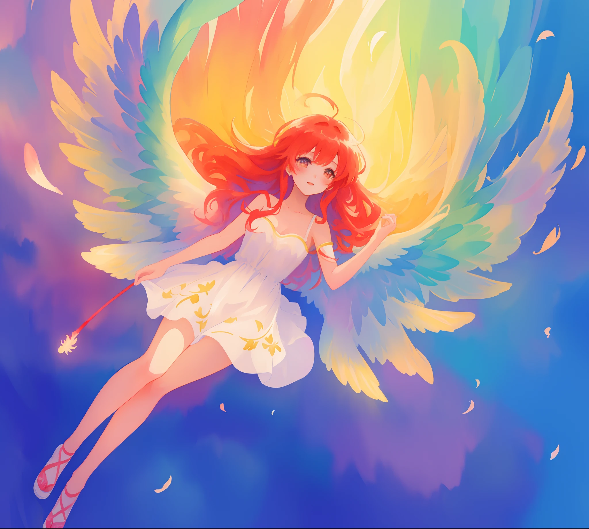 beautiful angel girl in white flowing dress, ((colorful angel wings)), vibrant pastel colors, long flowing red hair, colorful fantasia background, watercolor illustration, disney art style, beautiful digital illustration, beautiful, masterpiece, best quality, anime disney style, beautiful face