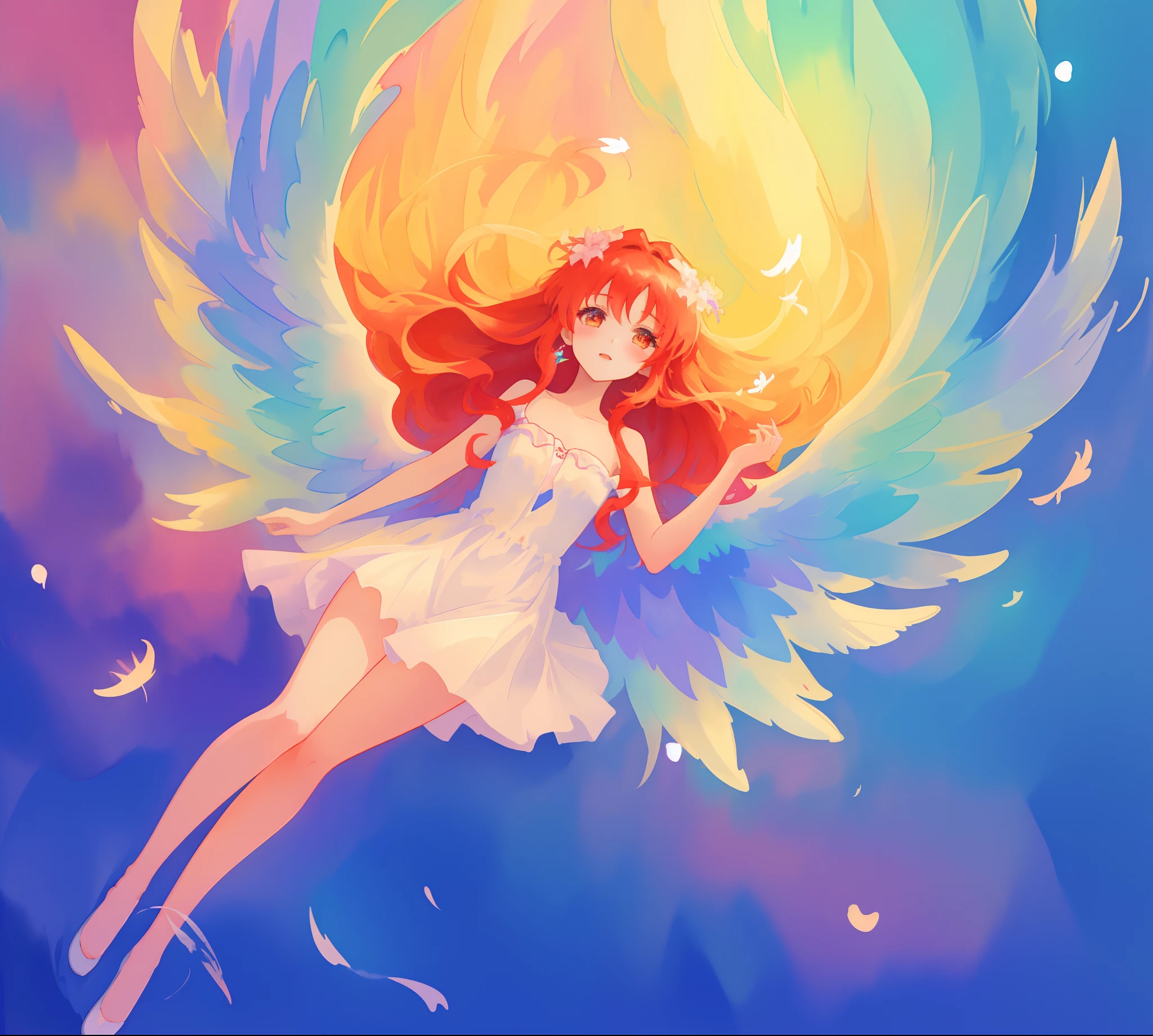 beautiful angel girl in white flowing dress, ((colorful angel wings)), vibrant pastel colors, long flowing red hair, colorful fantasia background, watercolor illustration, disney art style, beautiful digital illustration, beautiful, masterpiece, best quality, anime disney style, beautiful face