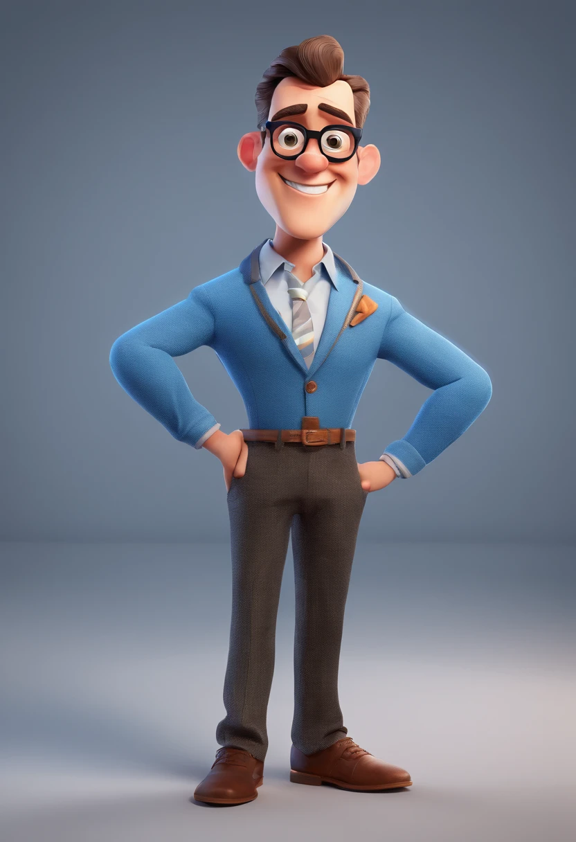 Cartoon character of a man with black glasses and a blue shirt, animation character, Caractere estilizado, animation style rendering, 3D estilizado, Arnold Maya render, 3 d render stylized, toon render keyshot, Personagem 3D, Personagem 3D, 3d rendering stylized, 3 d character render, personagem de desenho animado, Personagem de close up, Pose de personagem, (Estilo Pixar) (master part:1.2) (Bokeh) (best quality) (pele detalhada) (textura detalhada) (8k) (argila) (Cinematic lighting) (foco nítido