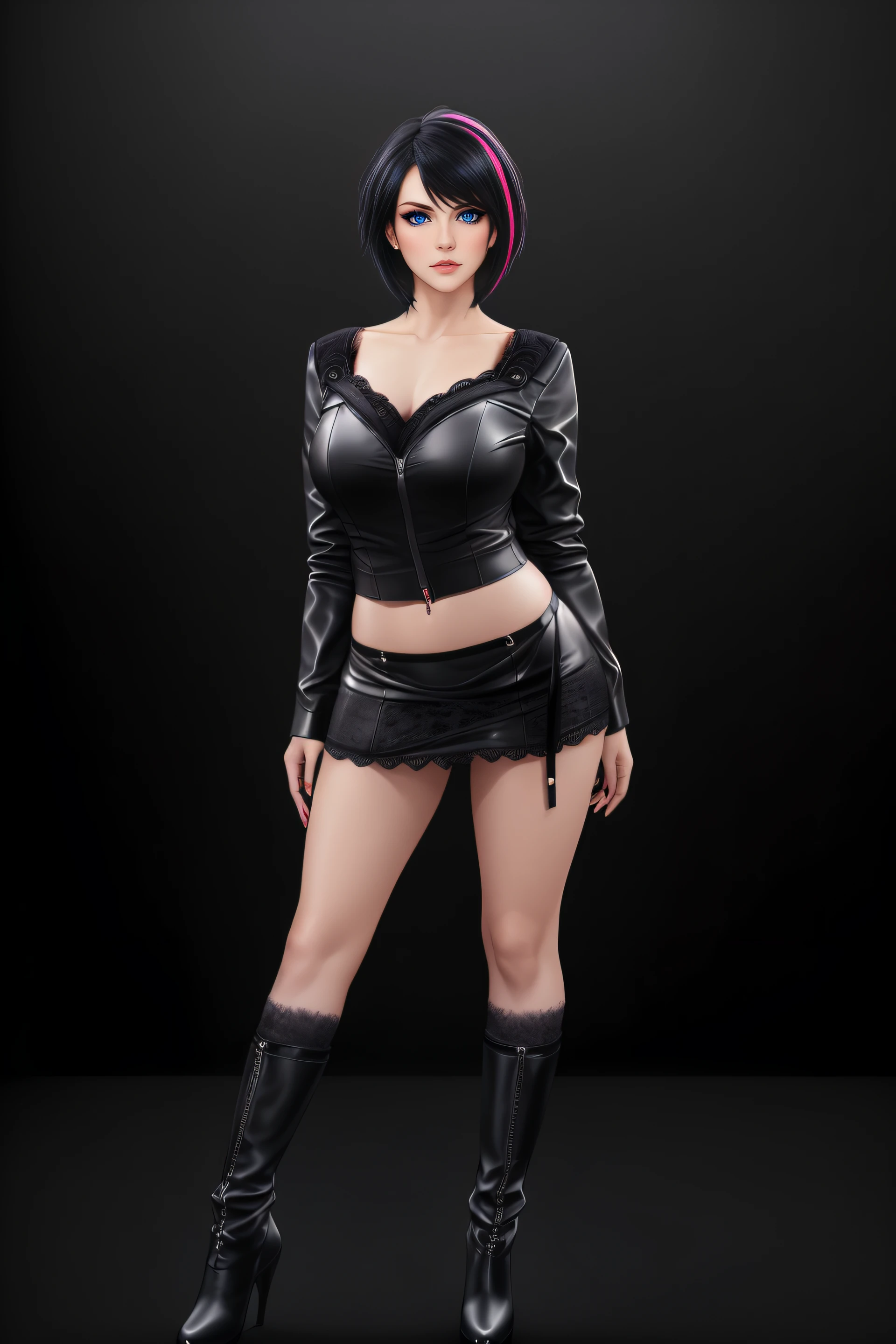 25-Year-Old Woman, Full Body, (standing:1.4), short bright neon streaked black hair, (realistic highly detailed eyes:1.4), (seductive pose:1.2), black eyeshadow, (dominatrix style wear:1.2), (short skirt), (lace underwear:1.4), (knee high heel leather boots), ((dark plain black background:1.4)), Serious Face, Realistic Face Resolution, Realistic, Object Resolution