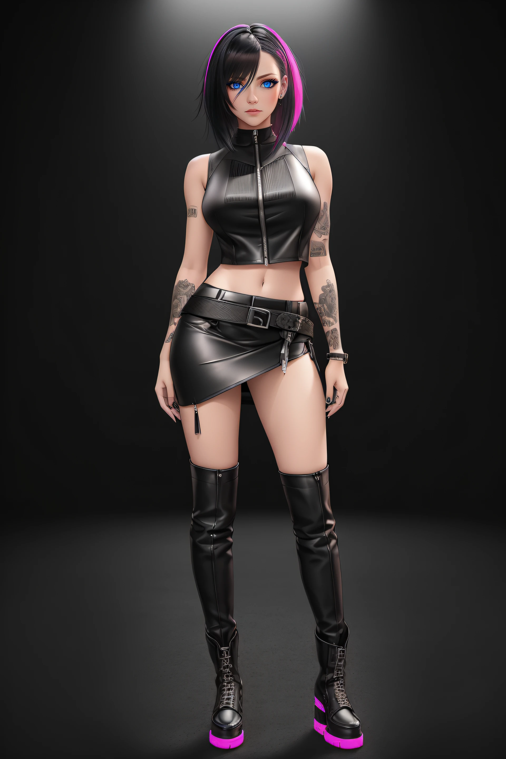 beautiful girl, ((standing:1.4)), (confident gaze:1.1), full body, short bright neon streaked black hair, ((realistic highly detailed eyes:1.4)), ((seductive pose:1.2)), black eyeshadow, (street style wear:1.2), ((tight fitted pants)), ((knee high leather boots)), (dark city night black background:1.4), dark makeup, digital art, trending on artstation, highly detailed, fine detail, intricate, detailed facial features, sharp focus, smooth, aesthetic,