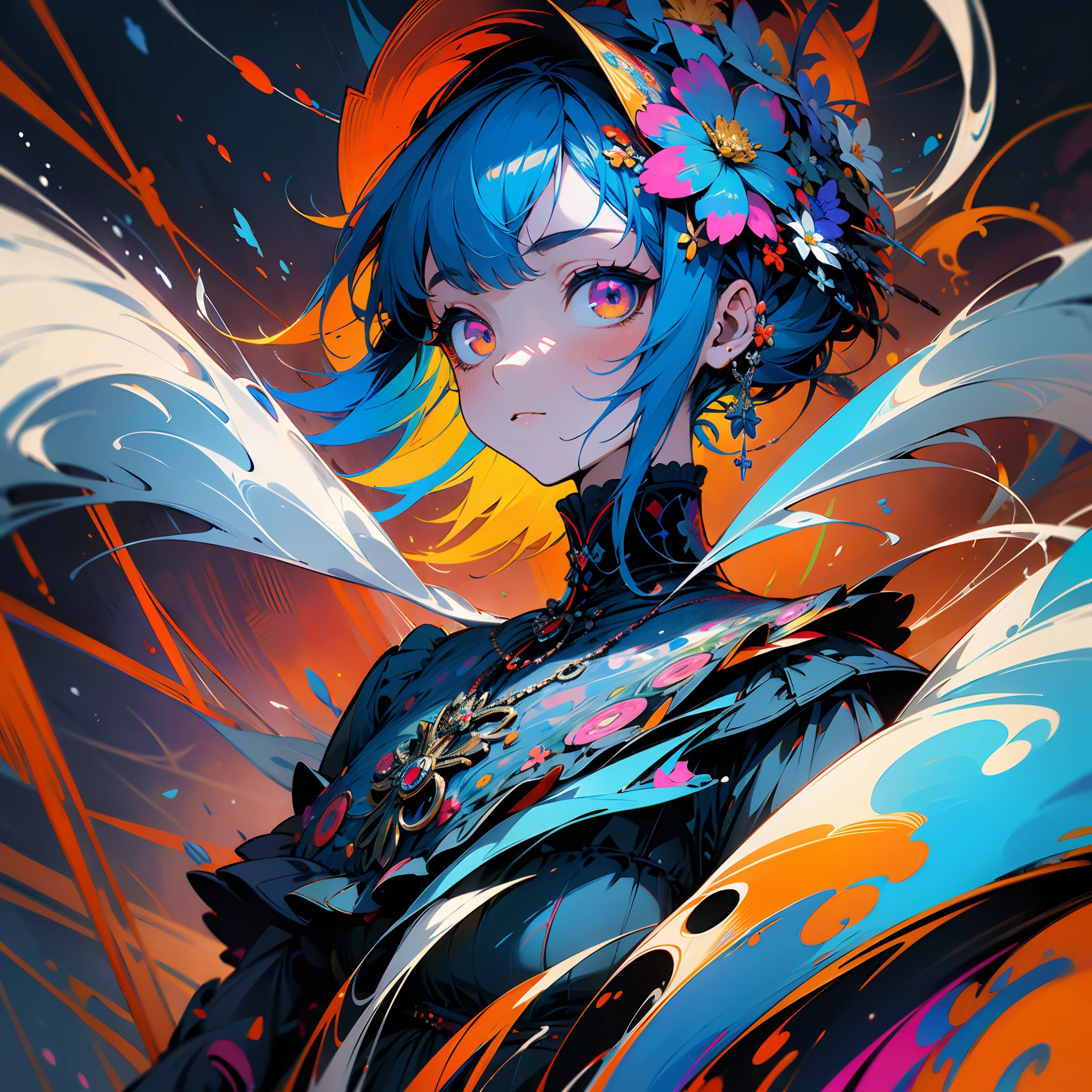 (Masterpiece, Best Quality, Top Quality, Official Art, Beautiful and Aesthetic: 1.2), overall blue undertones, (Only 1 mechanical girl: 1.3), Upper Body, Gothic Dress with Very Intricate Decoration, Cat and Red Eyes, blue hair, Extreme Detail, Maximum Detail, Optical Mixing, Playful and colorful Pattern, Hundred Flowers, Paint flow, vibrant textures, unique visual effects.