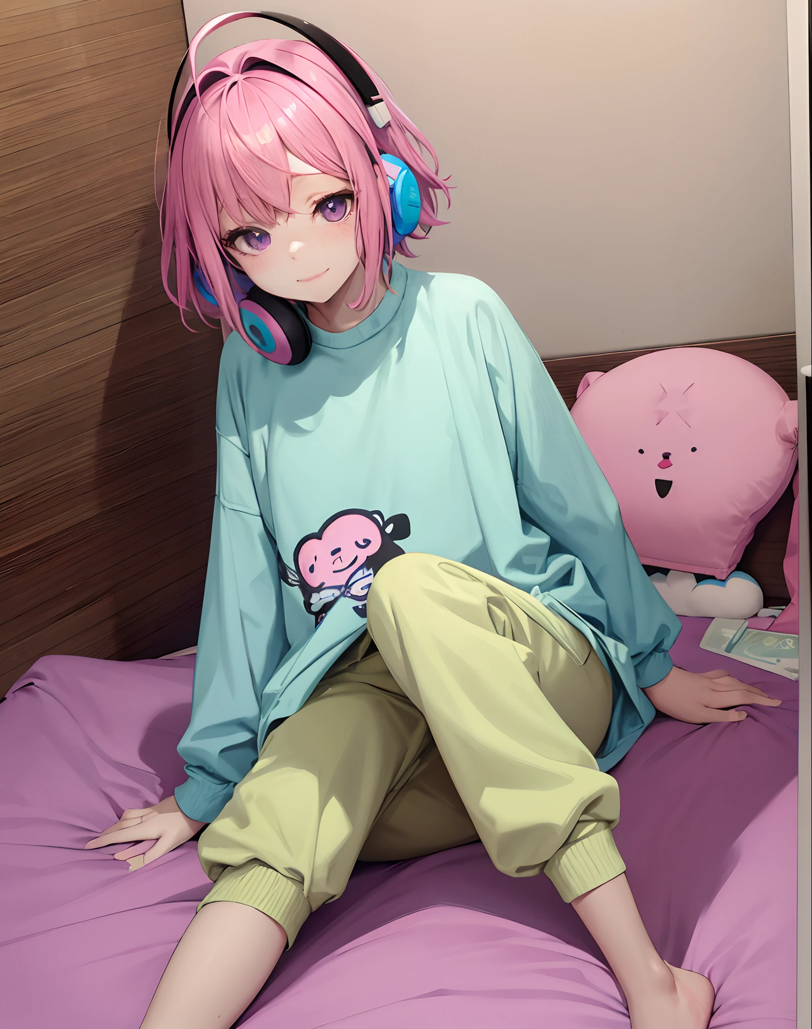 An anime girl with pink short hair wearing a blue oversized sweater and pastel yellow oversized pants. She has blue bear headphones on her head and an ahoge (a single strand of hair standing up) on her forehead. She is sitting in her room, looking directly at the camera. The room is adorned with posters of her favorite anime characters and has a cozy atmosphere. The lighting is warm and soft, creating a relaxed mood. The image should have the best quality, with ultra-detailed features and a realistic style. The colors should be vibrant and pastel, enhancing the overall aesthetic.