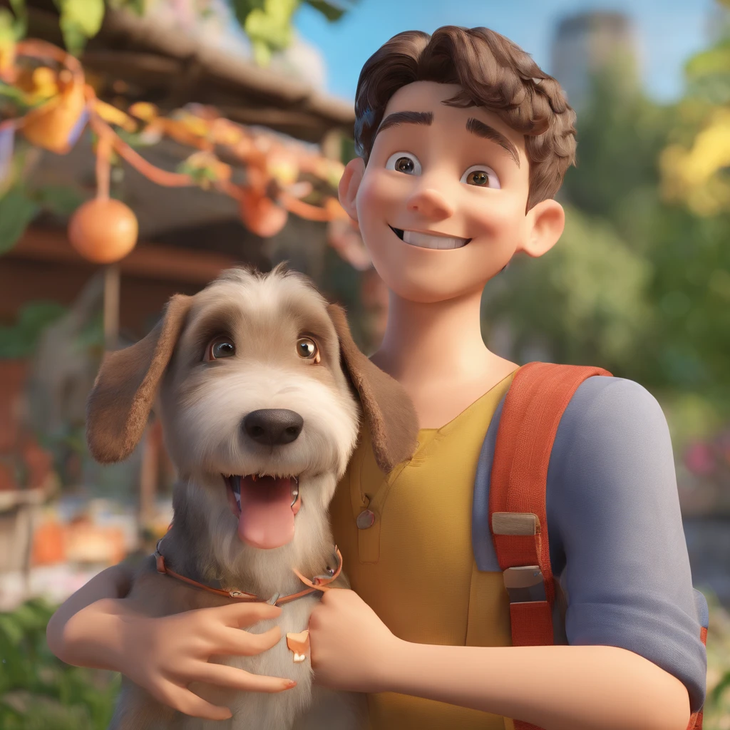 Lucas is a smiling 15-year-old human boy, com seu fiel amigo, Bolt, o cachorro schnauzer, deitados no jardim