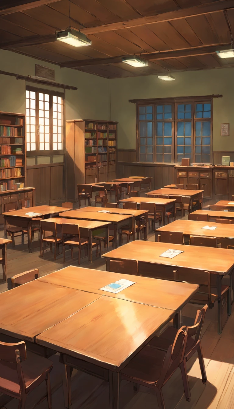 A 16:9 aspect ratio, Japanese anime-style background image of a cramped school meeting room with no windows. The room is empty, with no people or objects in it. The room is dimly lit by a few overhead lights. The walls are painted a light gray and the floor is covered in dark wood. There is a long, rectangular table in the center of the room, surrounded by chairs. The table is empty and the chairs are pushed in.
The only light in the room comes from the overhead lights. The lights are not very bright, and the room is mostly dark. The air is cool and still, and it smells faintly of dust and old books.