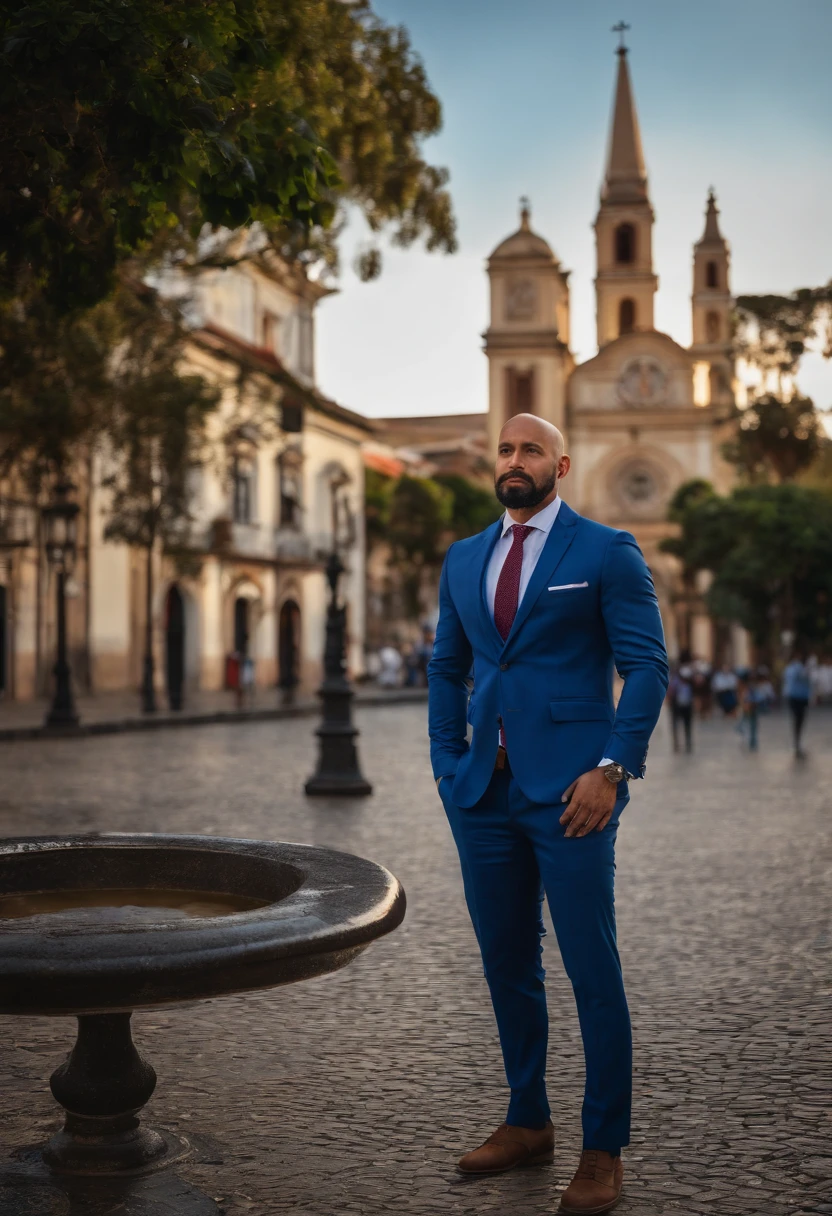 A man, 42 years old, with a stubble beard and bald head, wearing a blue suit, white shirt, and red tie, standing in front of the Matriz Church of São Gonçalo - RJ. (best quality,4k,8k,highres,masterpiece:1.2), ultra-detailed, (realistic,photorealistic,photo-realistic:1.37), HDR, UHD, studio lighting, sharp focus, physically-based rendering, extreme detail description, professional, vivid colors, bokeh, portraits. Blue color tone, with warm golden sunlight falling on the man's face.