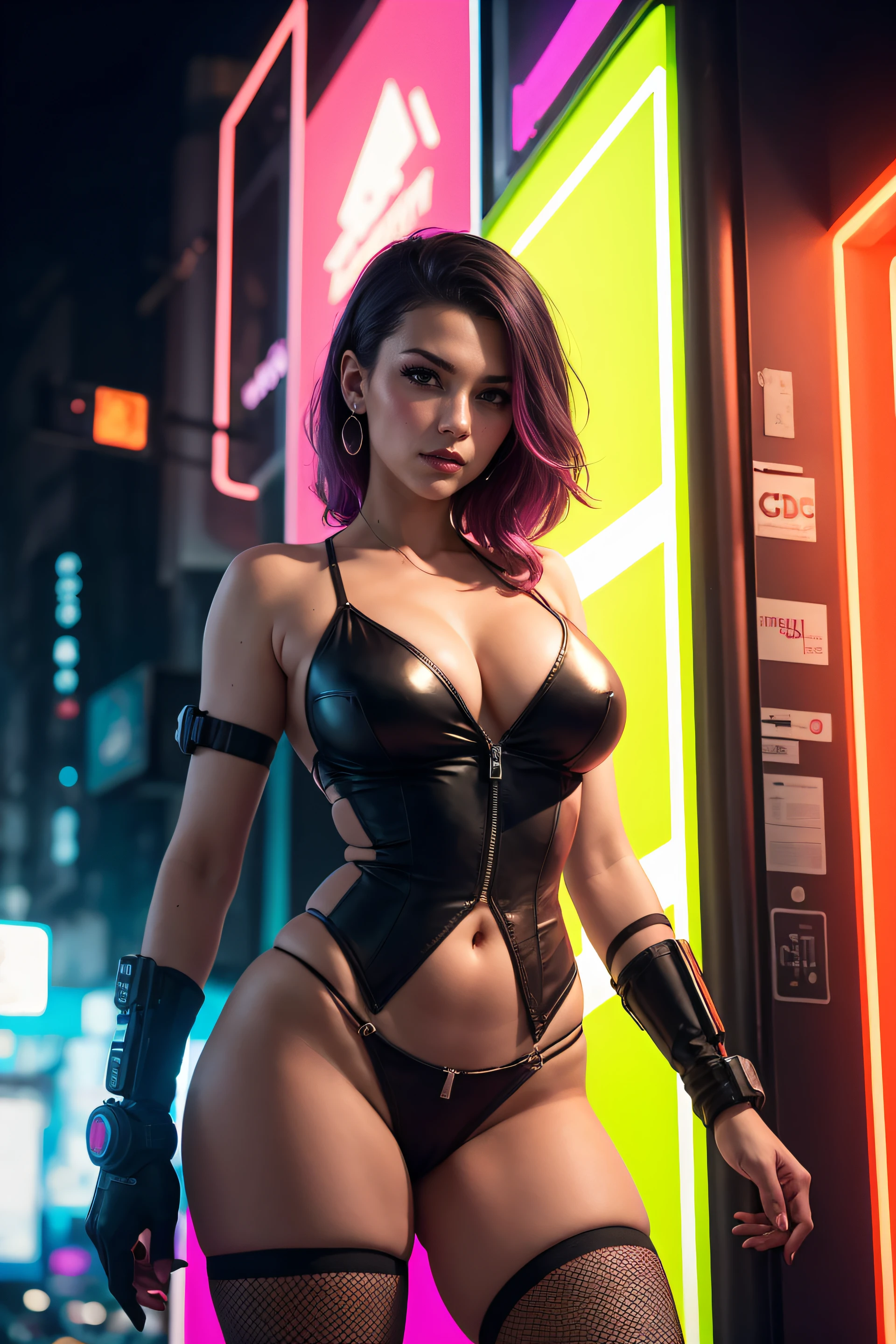 there is a woman standing with a rainbow light, 3 d neon art of a womans body, neon-noir background, cyberpunk femme fatale, seductive cyberpunk dark fantasy, cyberpunk strip clubs, cyberpunk 20 y. o model girl, oppai cyberpunk, banner, high definition cgsociety, cgsociety masterpiece, trending on cgstation, kda