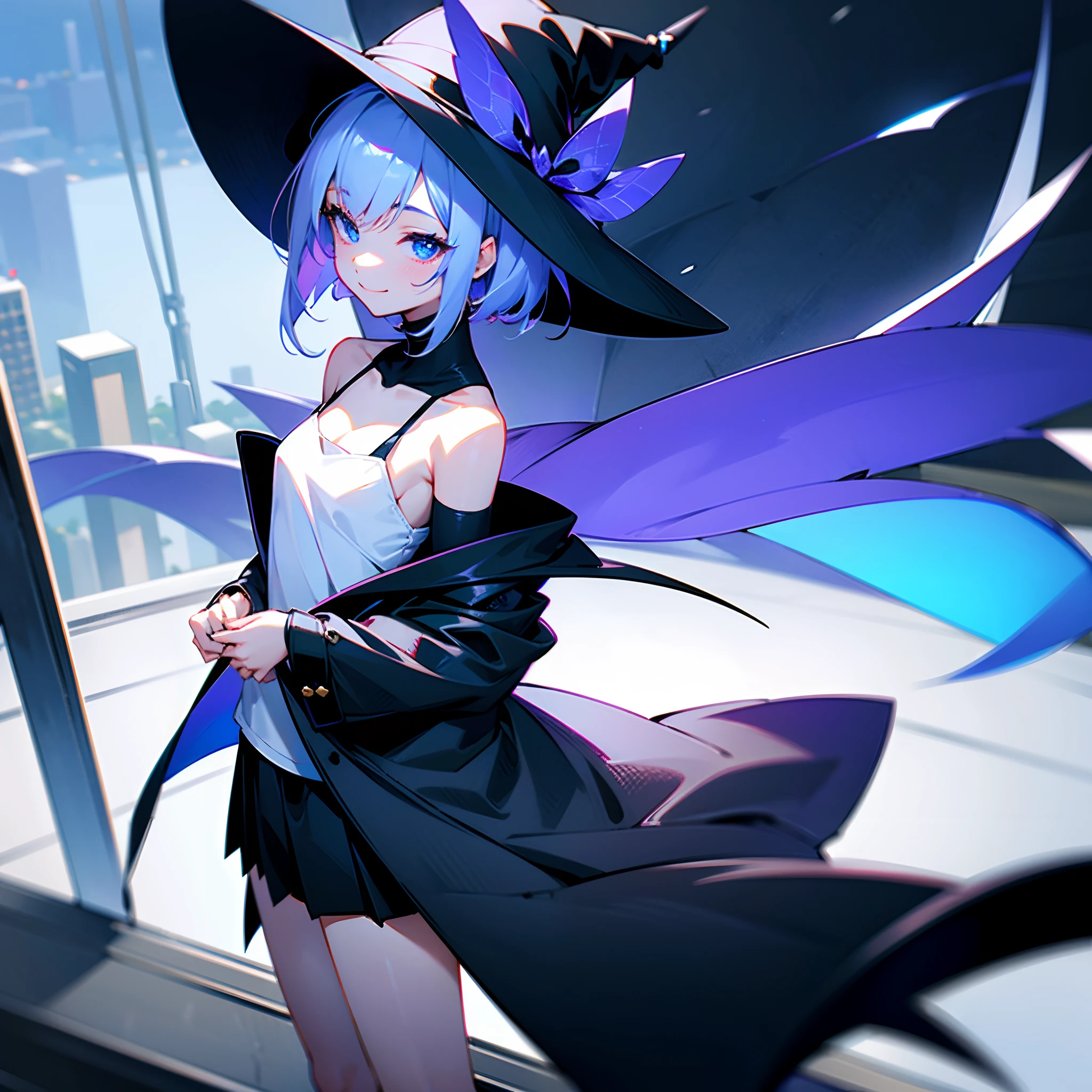 I am on the roof of a building where I can see the night view of Tokyo at midnight、White medium shorthair with blue-purple mesh、Looking at me with a smile、Black sneakers with white shoelaces、Large black witch hat with sapphire accessories、Blue eyes with highlights、Crisp and slightly pinched eyes、27-year-old woman with small breasts、small tits、Small、discreet breasts、Looking at me with a smile、Black long coat、Black Midi Skirt、White inner camisole、white t-shirt、hiquality、Fine writing、High Details