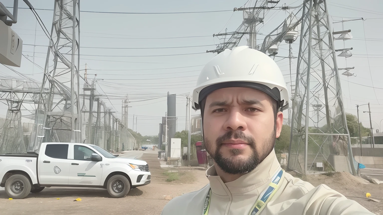 Man in helmet standing in front of a truck, Azimov, Aura Jared e Fios, Khyzyl Saleem, engenheiro, imagem profissional, imagem de perfil, zigor samaniego, foto descoberta, foto selfie, In the background, foto de perfil, Foto POV, maintenance photo, Electric, Ash Thorp Khyzyl Saleem