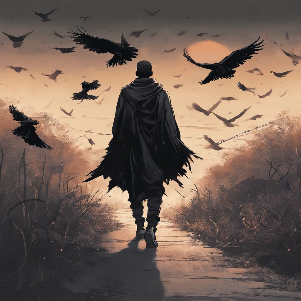 Black man, hip hop style, wearing black cloths traveling along a road and being accompanied by crows, fantasy art