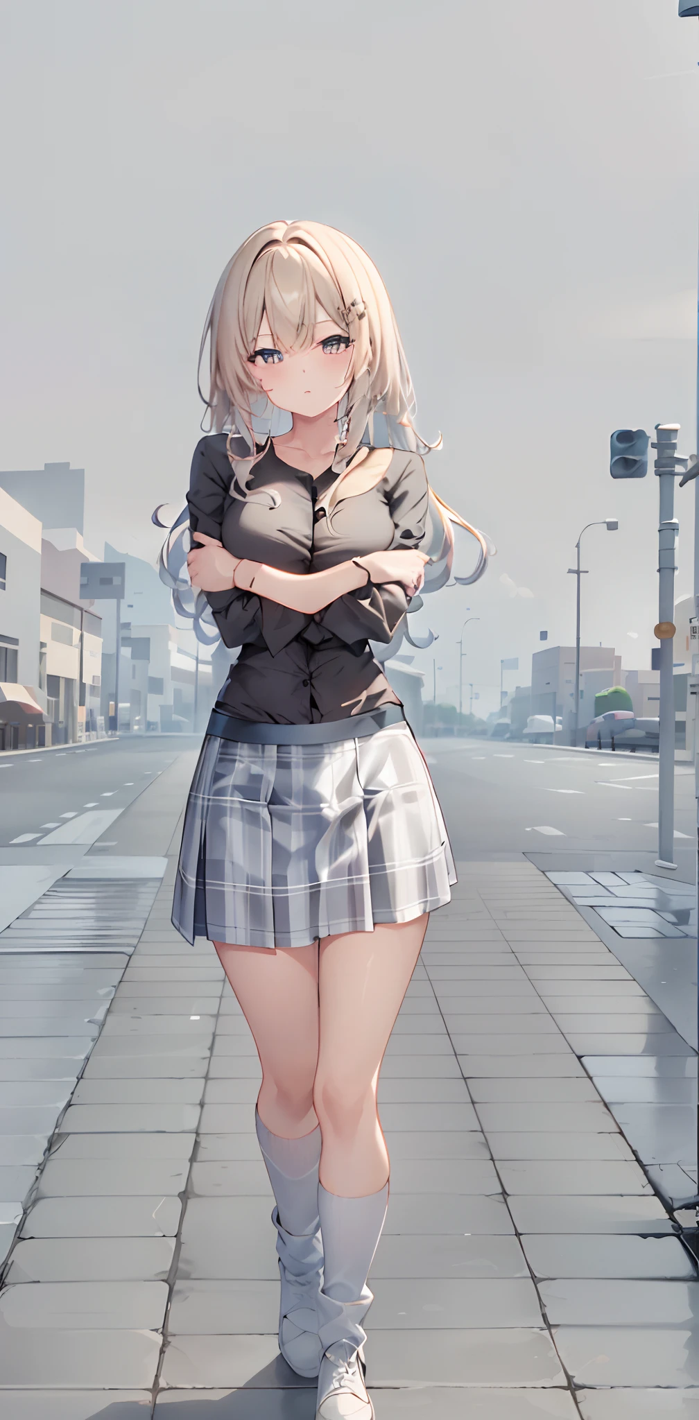 Una chica adulta, de cabello medio largo, black shirt and checkered miniskirt, anime, parada firmemente, cuerpo al frente, pechos grades, chica adulta, mirando al frente, de brazos cruzados, enojada, calzones, de brazos cruzados,