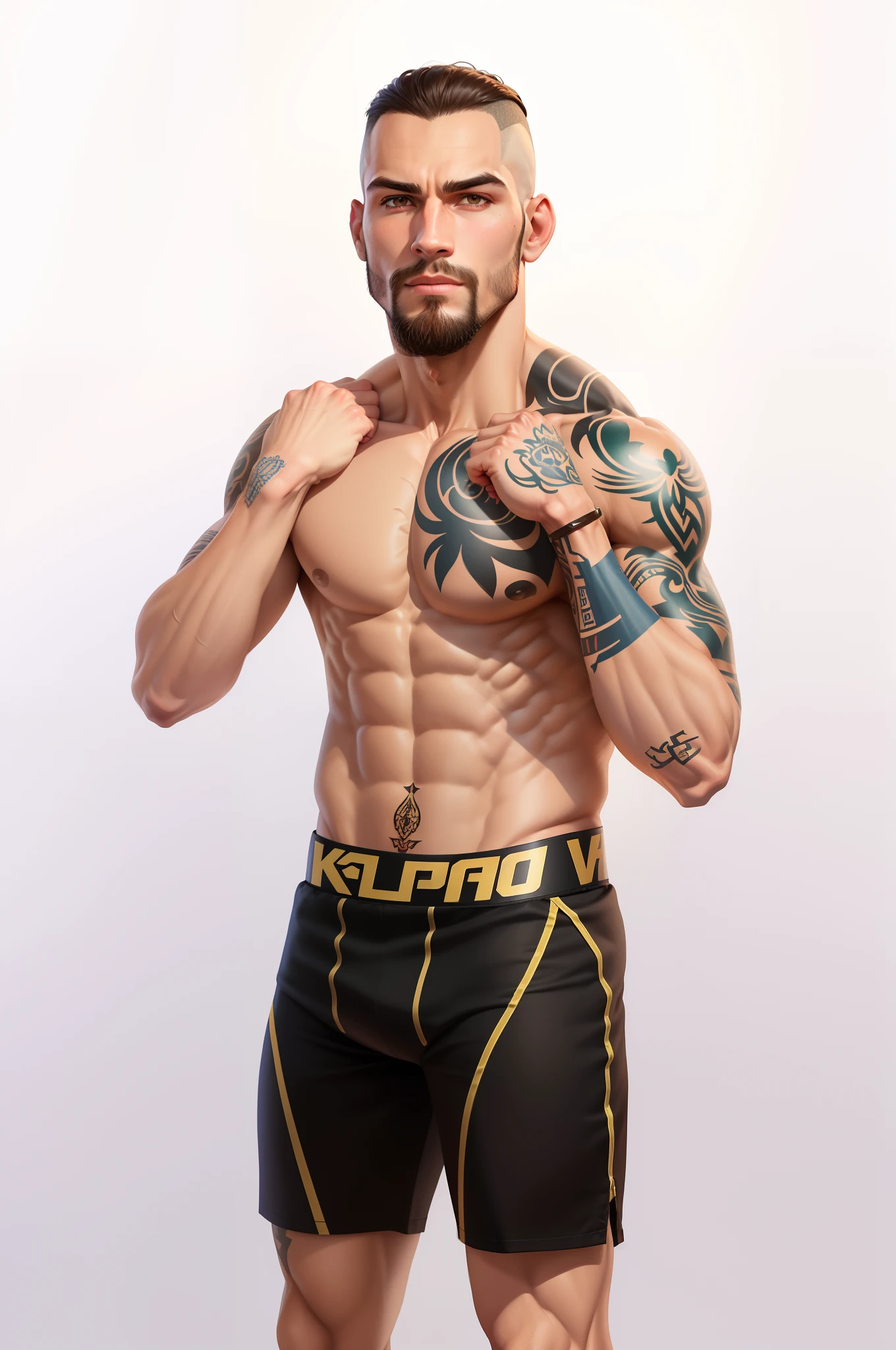 Man with tattoos and an arm tattoo, Pose de lutador, Postura do MMA Southpaw, inspirado em Volkan Baga, Corpo de Ernest Khalimov, Pose de postura heroica de Muay Thai, corpo inteiro altamente detalhado, fotorrealista de corpo inteiro, Pose de luta, lutador de kickboxer, muscular character, tiro de corpo inteiro hiperdetalhado, Pose masculina, como personagem em tekken